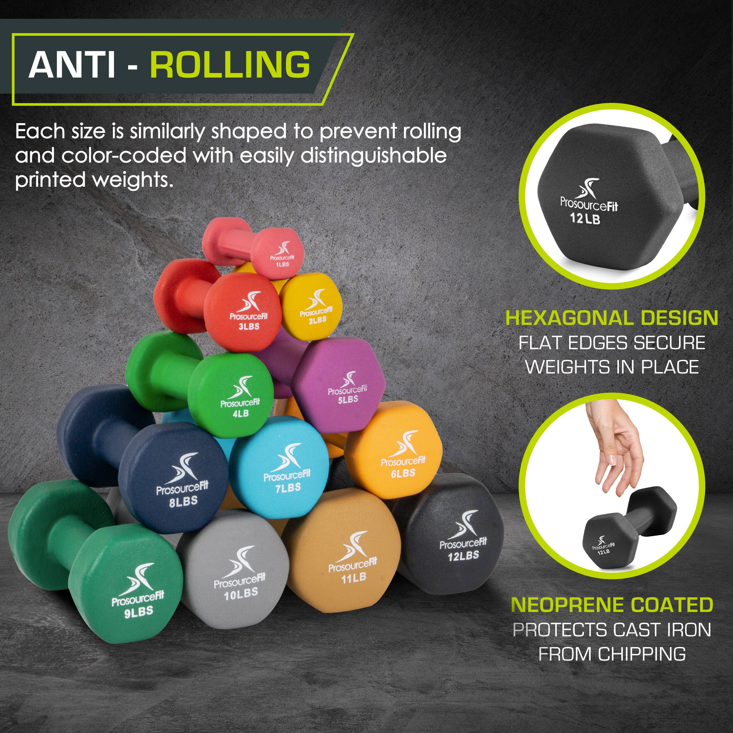 ANTI - ROLLING Each size is similarly shaped to prevent rolling and color-coded with easily distinguishable printed weights.  ProsourceFit 12LB  ProsourceFit 2LBS  ProsourceFit 3LBS  ProsourceFit 4LB  ProsourceFit 5LBS  ProsourceFit 6LBS  ProsourceFit 7LBS  ProsourceFit 8LBS  HEXAGONAL DESIGN FLAT EDGES SECURE WEIGHTS IN PLACE ProsourceFit 9LBS  ProsourceFit 10LBS  ProsourceFit 11LB  ProsourceFit 12LBS  NEOPRENE COATED PROTECTS CAST IRON FROM CHIPPING