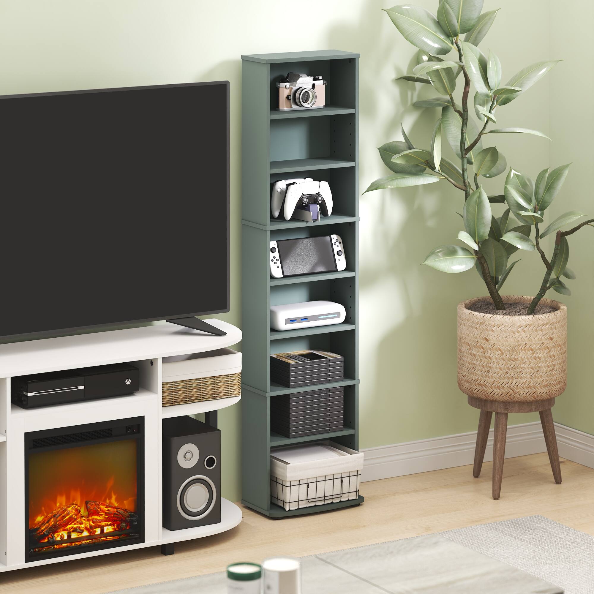 Alt View 1. Furinno - JAYA DVD Shelf, 8-Tier Media Shelf with Adjustable Shelves, for Living Room, Home Office - Sage Green.