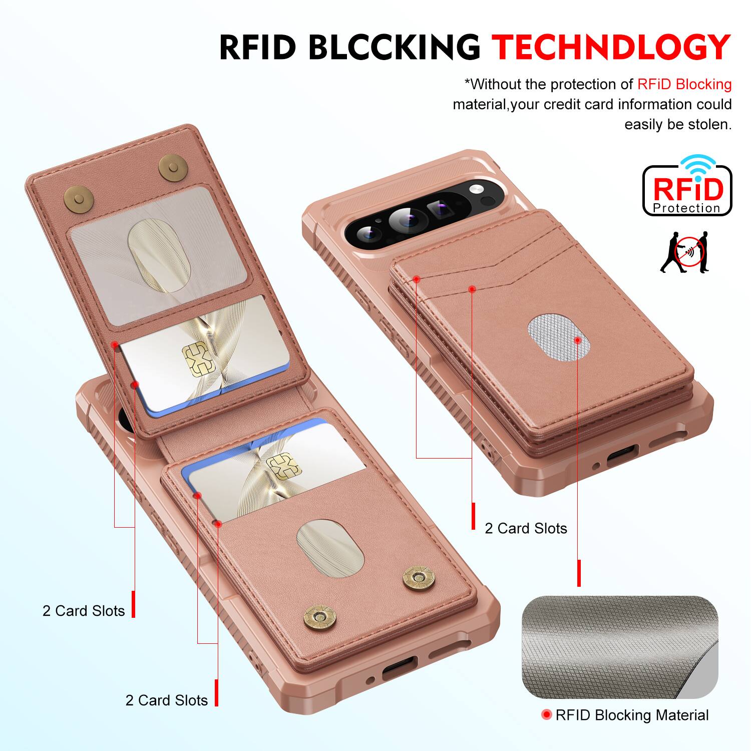 RFID BLOCKING TECHNOLOGY

*Without the protection of RFID Blocking material, your credit card information could easily be stolen.

RFID Protection

2 Card Slots

2 Card Slots

2 Card Slots

RFID Blocking Material