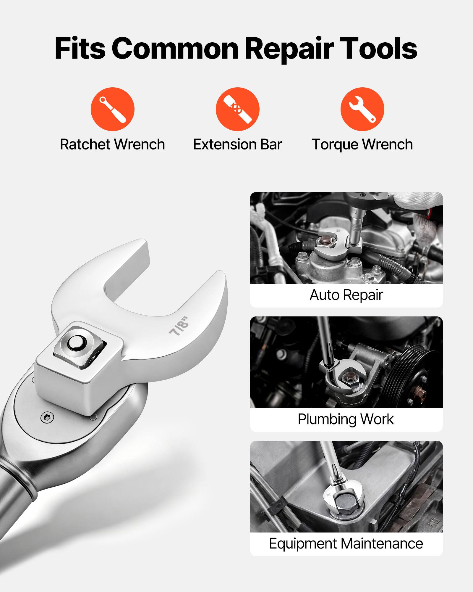 Fits Common Repair Tools  
Ratchet Wrench  
Extension Bar  
Torque Wrench  

7/8"  

Auto Repair  
Plumbing Work  
Equipment Maintenance