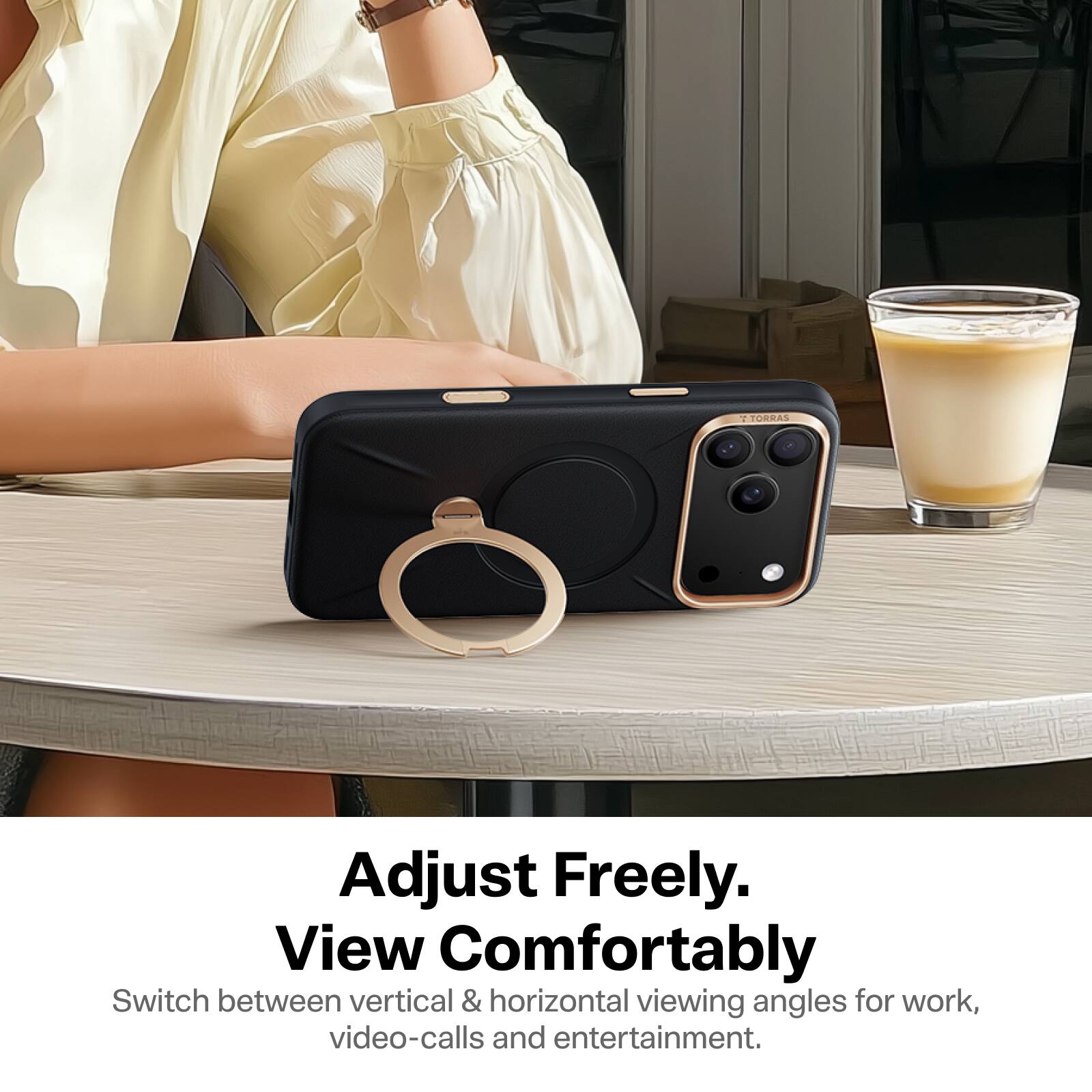 Adjust Freely.  
View Comfortably  
Switch between vertical & horizontal viewing angles for work, video-calls and entertainment.