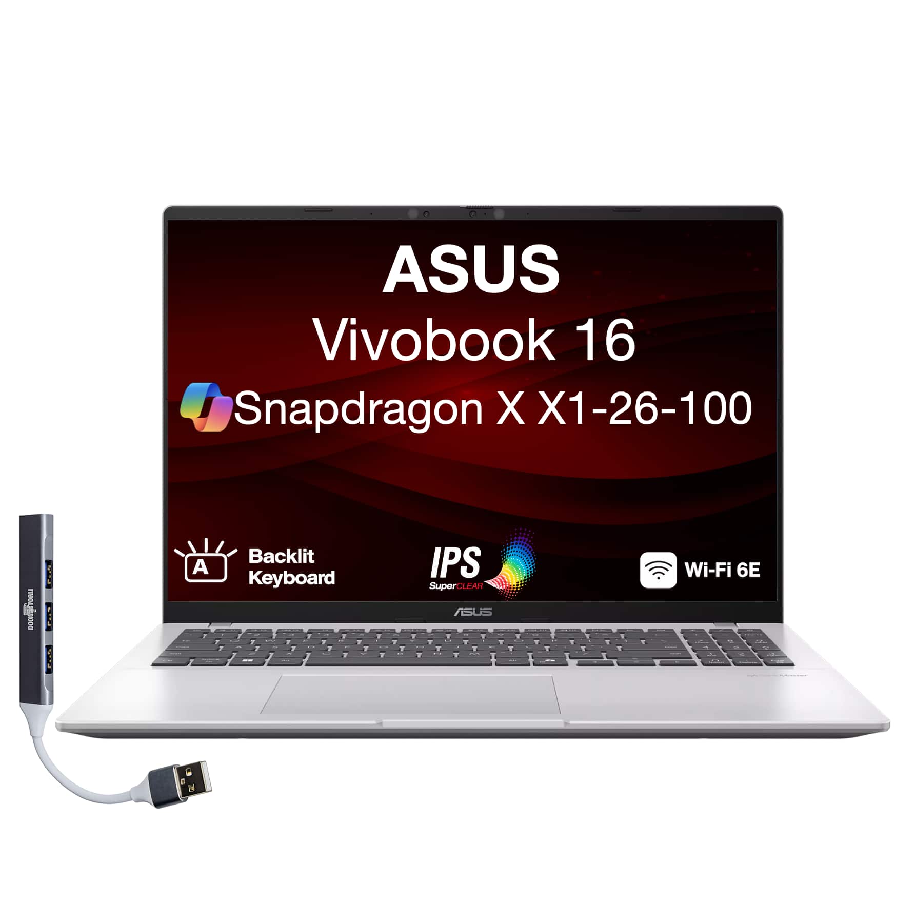 ASUS - Upgraded - Vivobook 16 Laptop 16.0 WUXGA Display (Snapdragon X X1-26-100, 16GB, 1TB SSD, Win 11 Pro) w/USB Hub - Silver