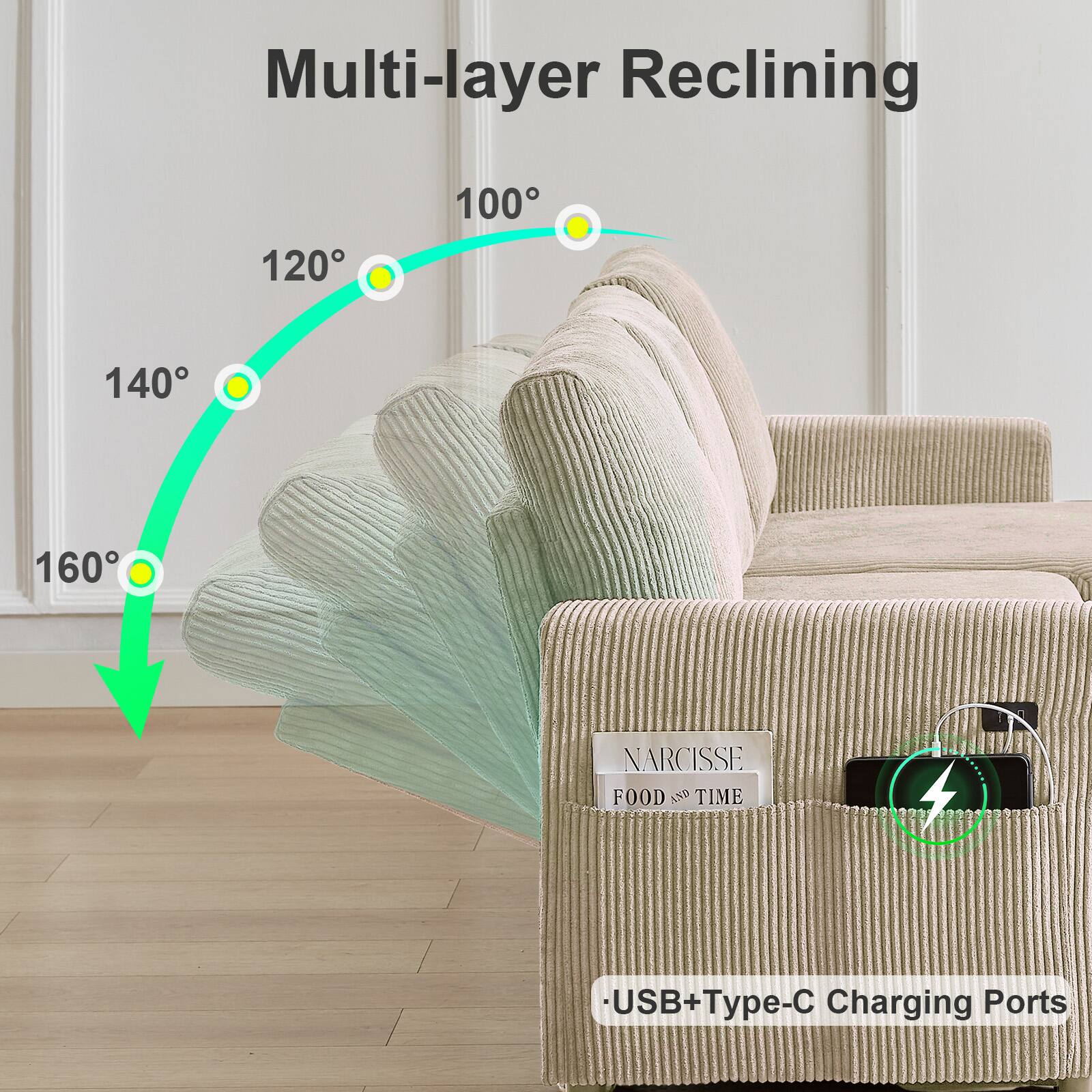 Multi-layer Reclining

120° 100° 140° 160°

NARCISSE FOOD & TIME

USB+Type-C Charging Ports