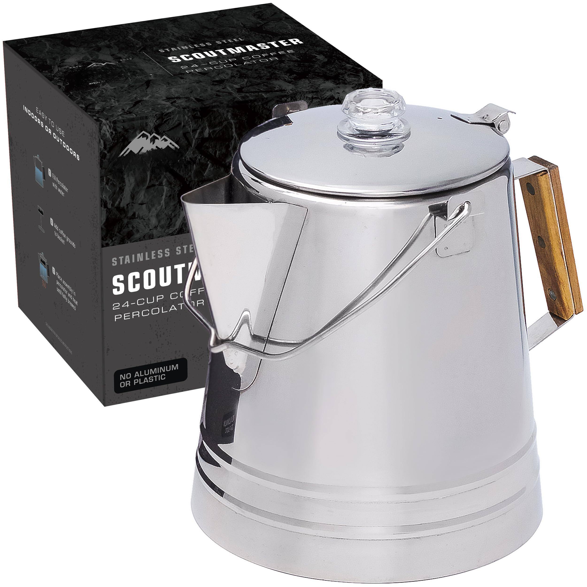 STAINLESS STEEL SCOUTMASTER B800  
24-CUP COFFEE PERCOLATOR  
NO ALUMINUM OR PLASTIC  
EASY TO USE INDOORS OR OUTDOORS