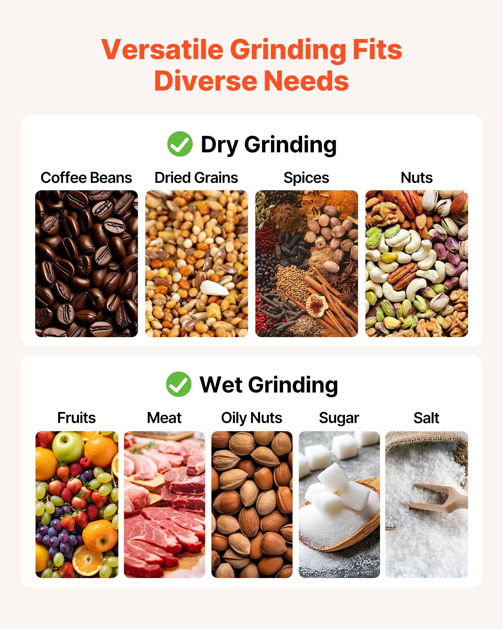 Versatile Grinding Fits Diverse Needs

Dry Grinding
- Coffee Beans
- Dried Grains
- Spices
- Nuts

Wet Grinding
- Fruits
- Meat
- Oily Nuts
- Sugar
- Salt