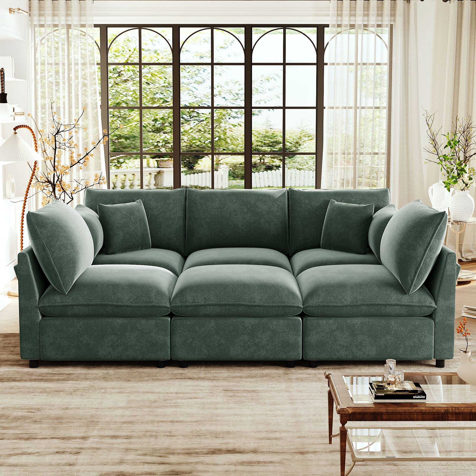Angle. Whisen - Modular Sectional Sofa U-Shaped Couch with Ottoman, Storage Armrests and USB Ports - Green.