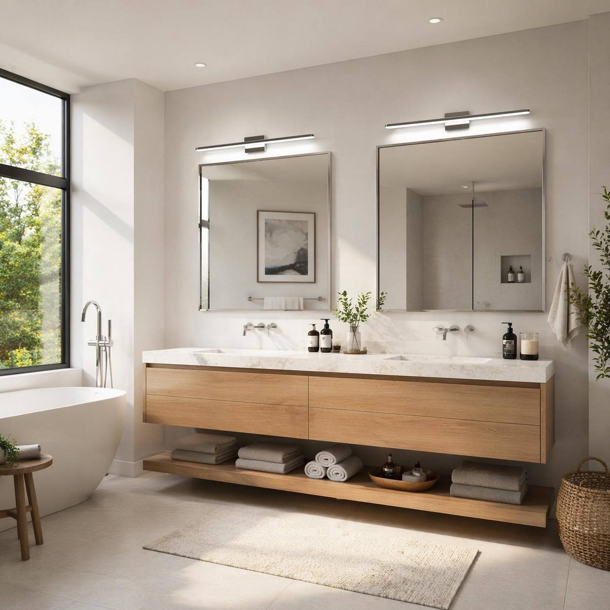 Angle. RYHNUYNE - Modern 39-Inch Chrome LED Vanity Light for Bathroom, 24W 6000K Daylight, Dimmable Over-Mirror Fixture.