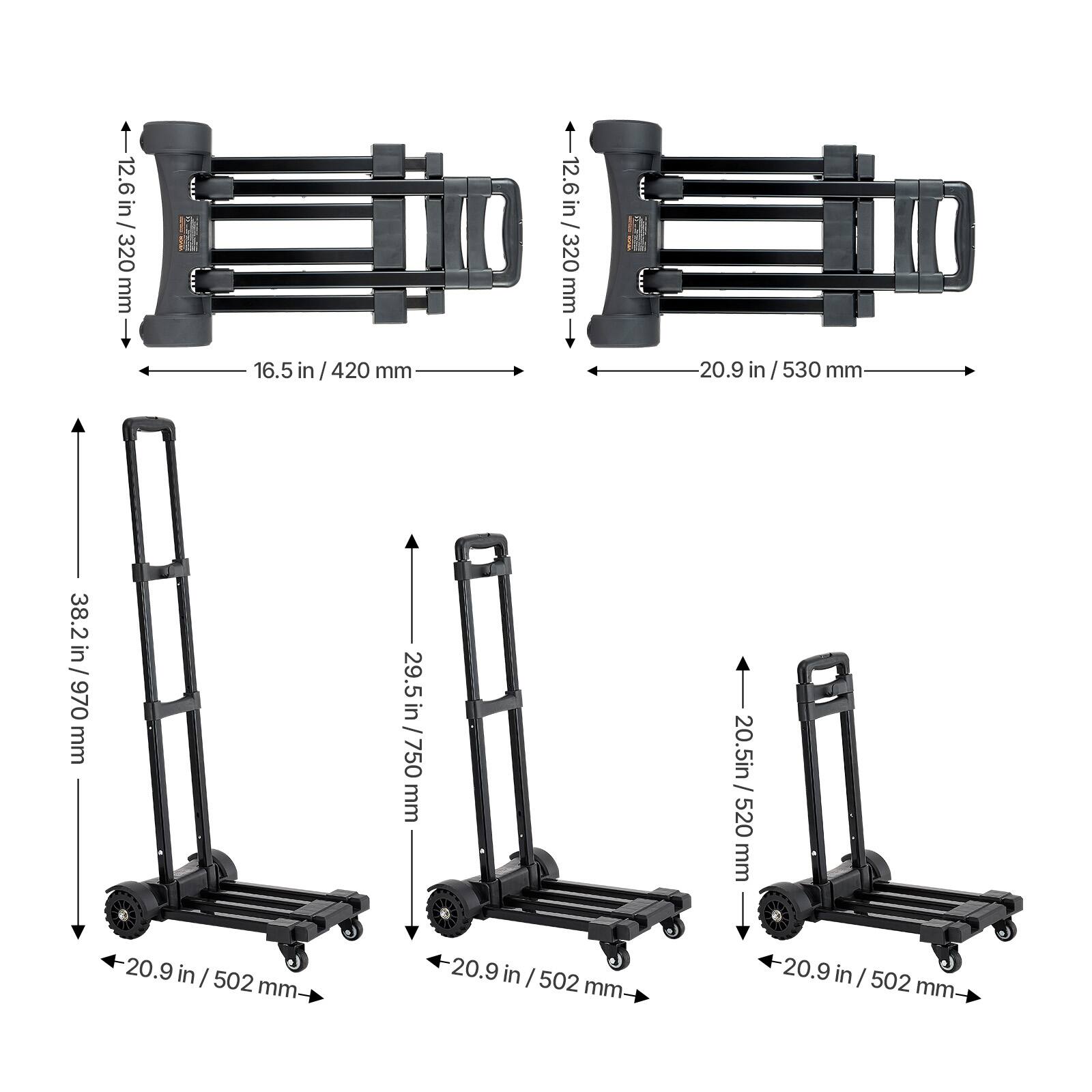 12.6 in / 320 mm  
16.5 in / 420 mm  
20.9 in / 530 mm  
38.2 in / 970 mm  
29.5 in / 750 mm  
20.5 in / 520 mm  
20.9 in / 502 mm