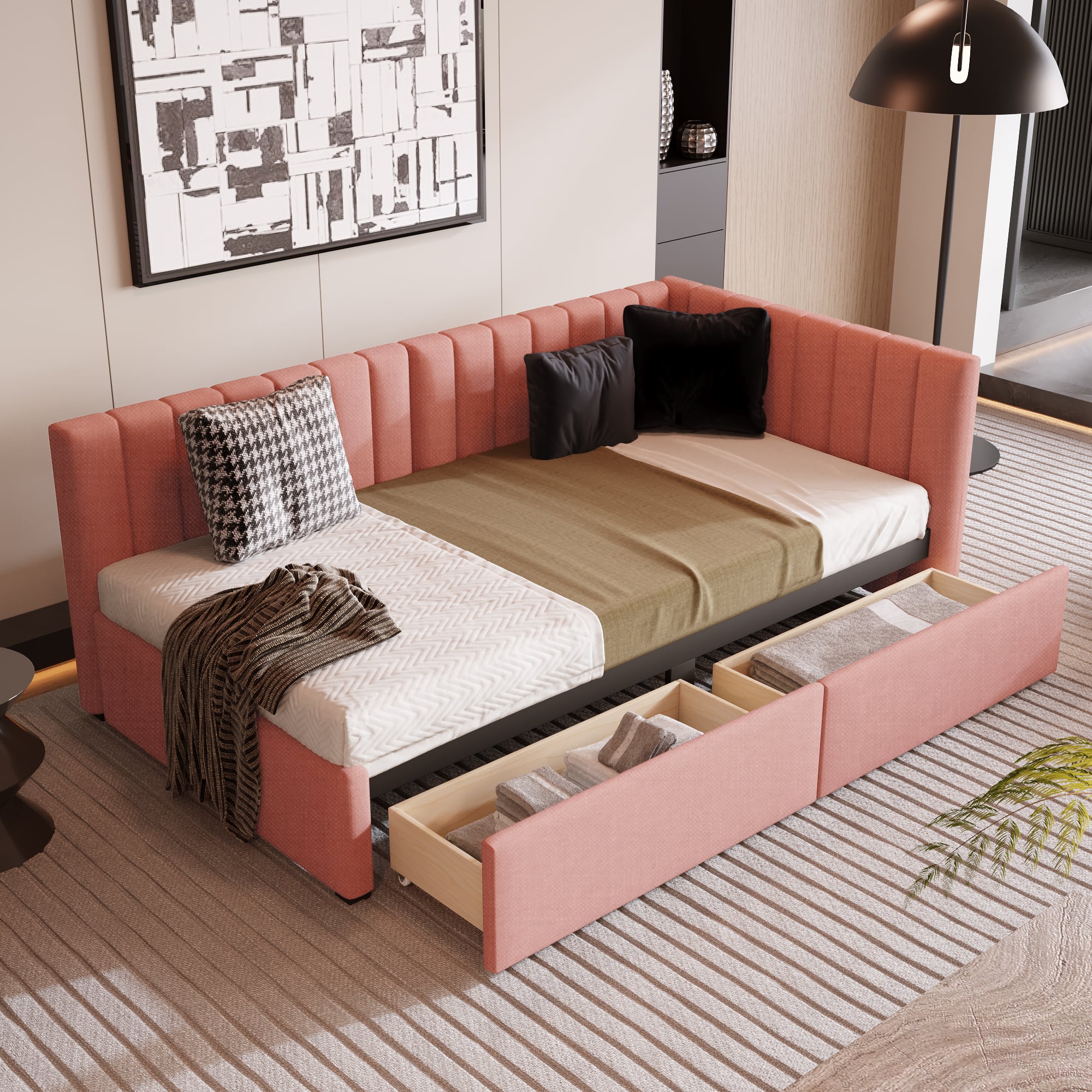 Tiramisubest - Upholstered Daybed with 2 Storage Drawers Twin Size Sofa Bed Frame No Box Spring Needed, Linen Fabric (Pink) - Pink