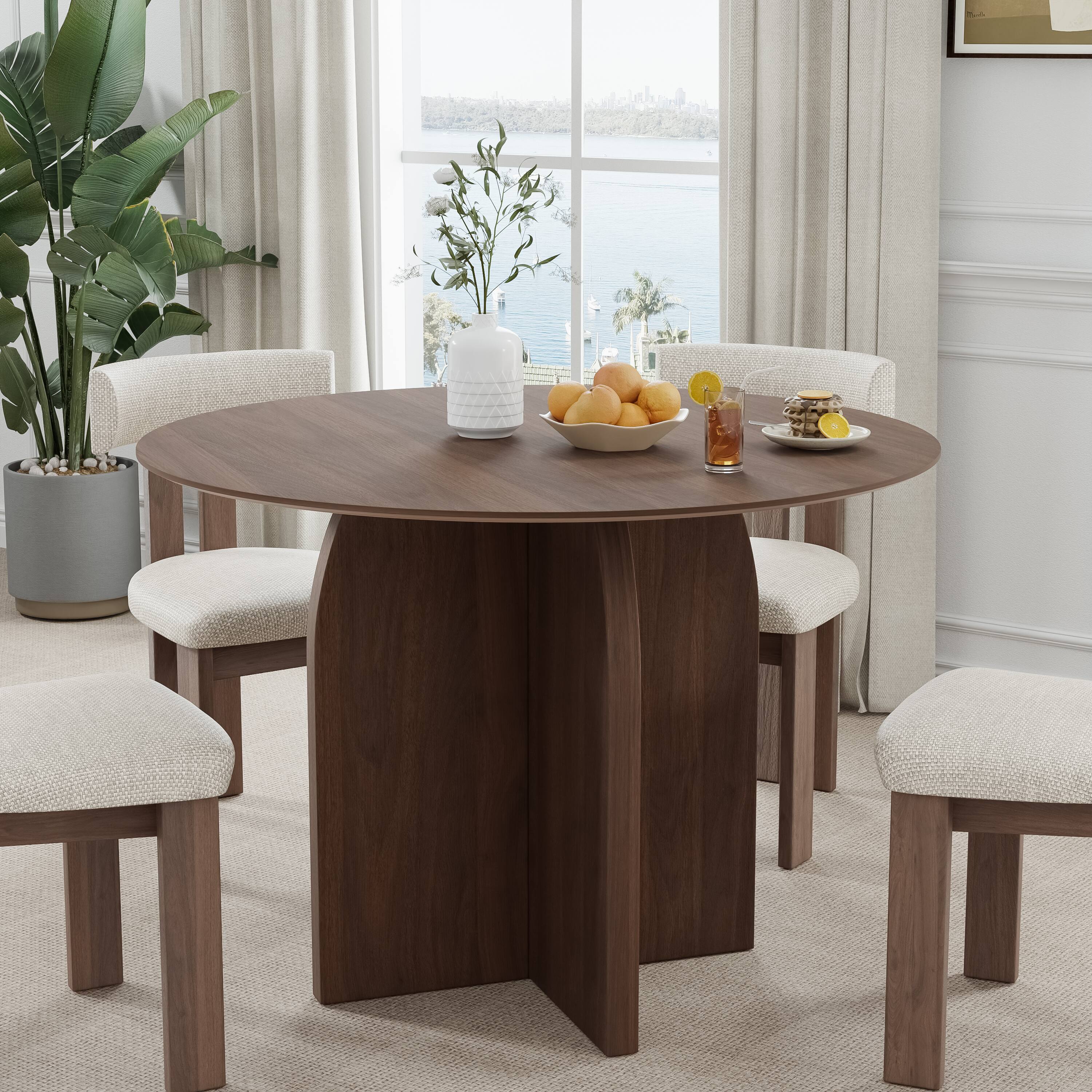 PexFix - Minimalist Farmhouse Round Solid Oak 42 in. W Arched Cross Legs Kitchen & Dining Table Seats 4 - Walnut