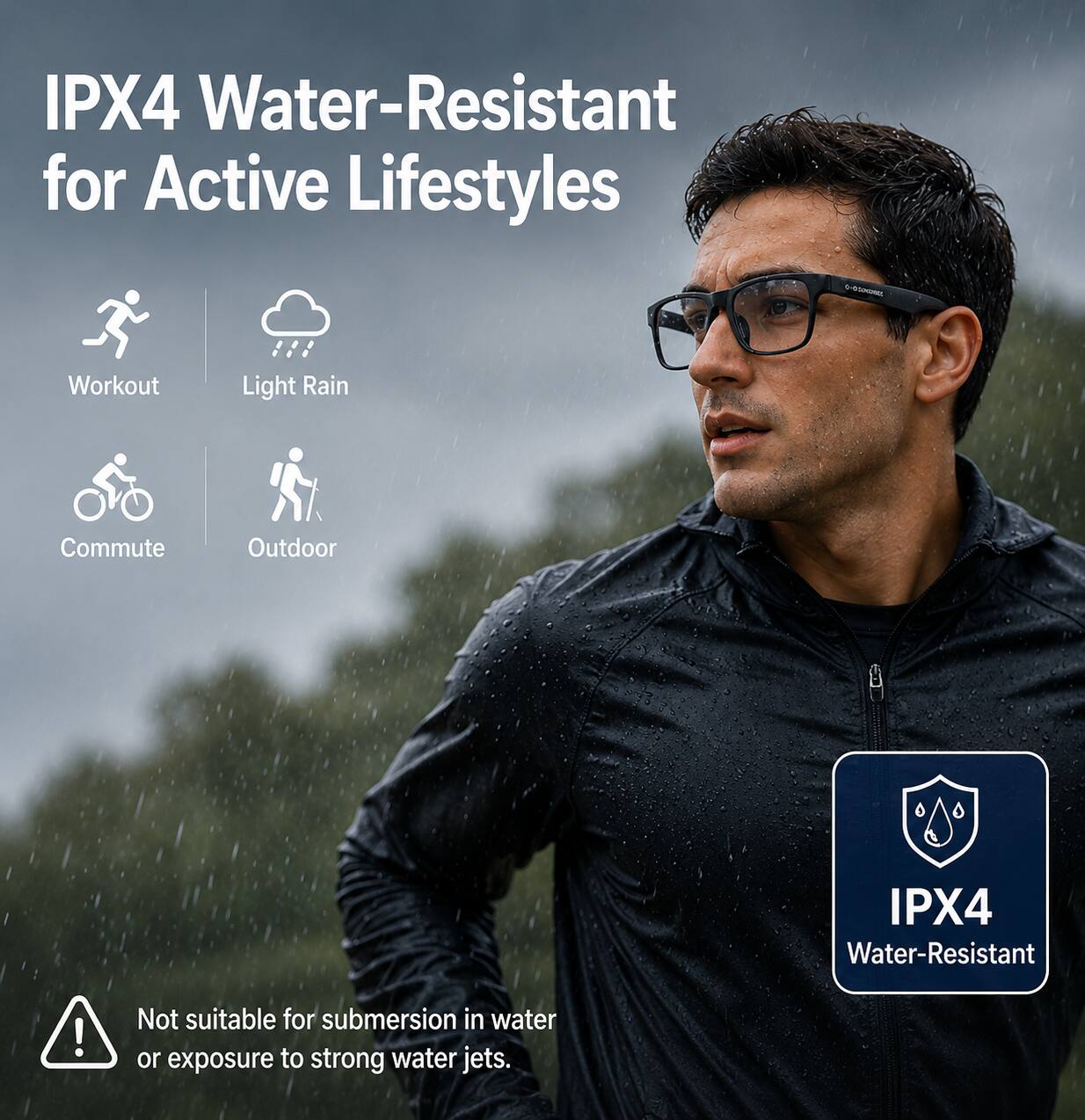 IPX4 Water-Resistant for Active Lifestyles

- Workout
- Light Rain
- Commute
- Outdoor

IPX4 Water-Resistant

Not suitable for submersion in water or exposure to strong water jets.
