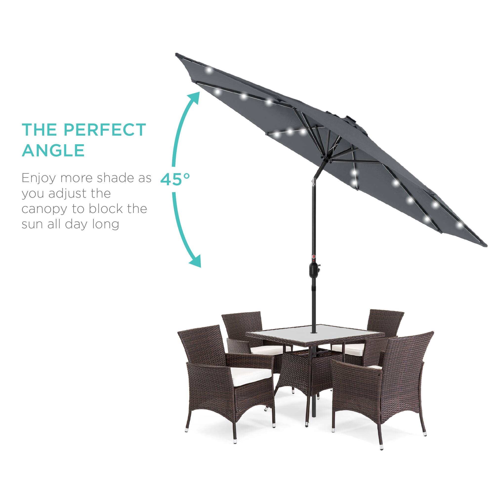 THE PERFECT ANGLE

Enjoy more shade as you adjust the canopy to block the sun all day long

45°