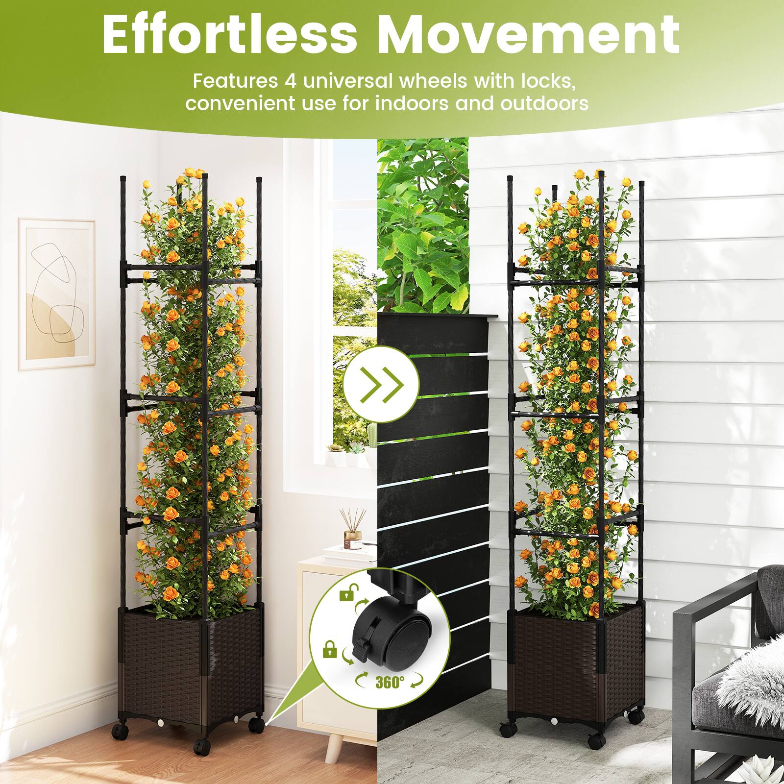 Effortless Movement  
Features 4 universal wheels with locks, convenient use for indoors and outdoors