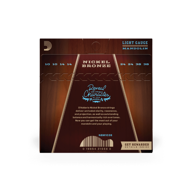LIGHT GAUGE MANDOLIN  
10 10 14 14  
NICKEL  
24 24 38 38  
BRONZE  

Reveal THE UNIQUE Character of YOUR MANDOLIN  

D'Addario Nickel Bronze strings deliver unrivaled clarity, resonance, and projection, as well as outstanding balance and harmonically rich overtones. Now you can get the most out of your mandolin and your playing.  

NBM1038  
0 19954 21559 0  
PATENT PENDING  

GET REWARDED  
DETAILS INSIDE