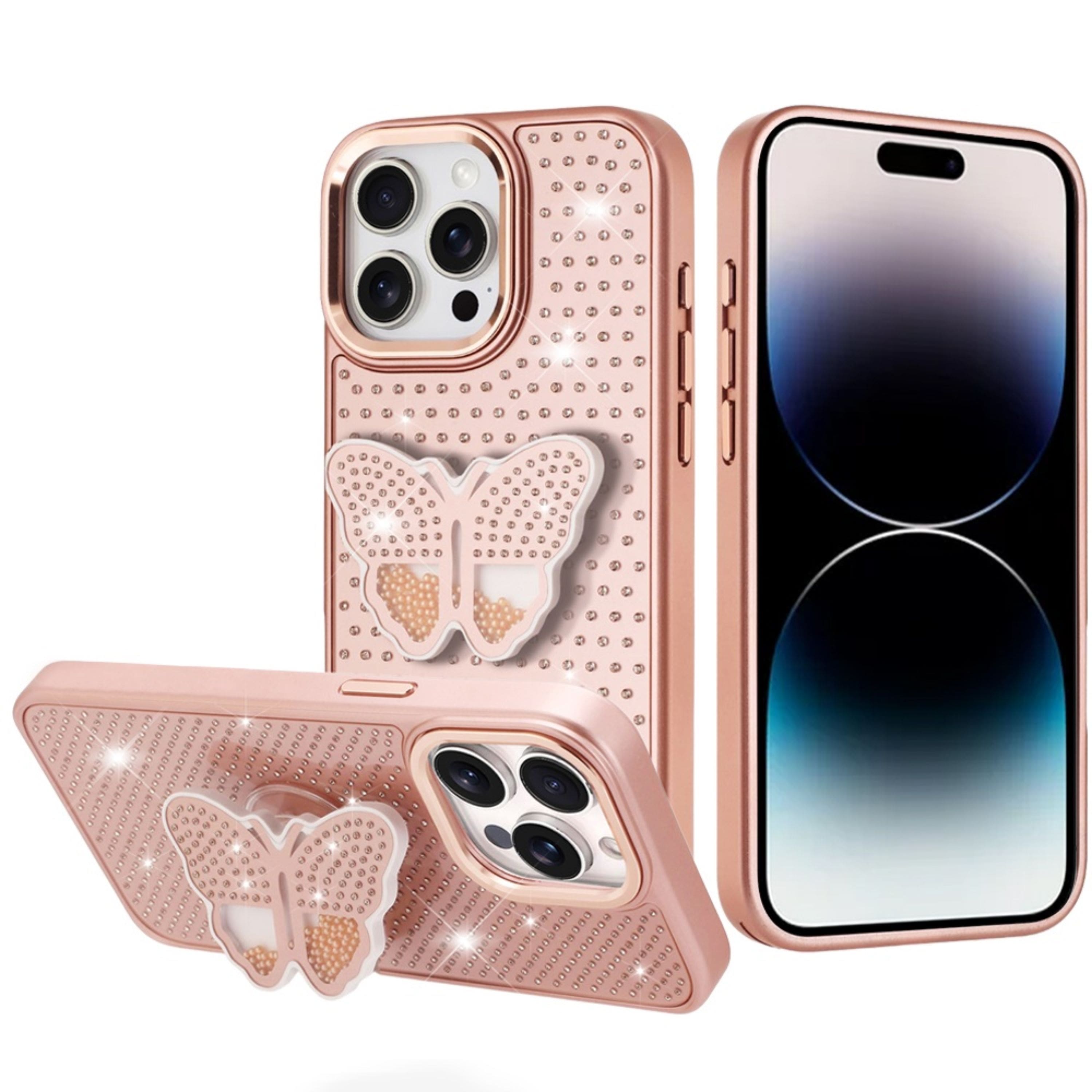 Kitcheniva - Butterfly Crystal Grip Stand Case For iPhone 14 Pro Max - Rose Gold