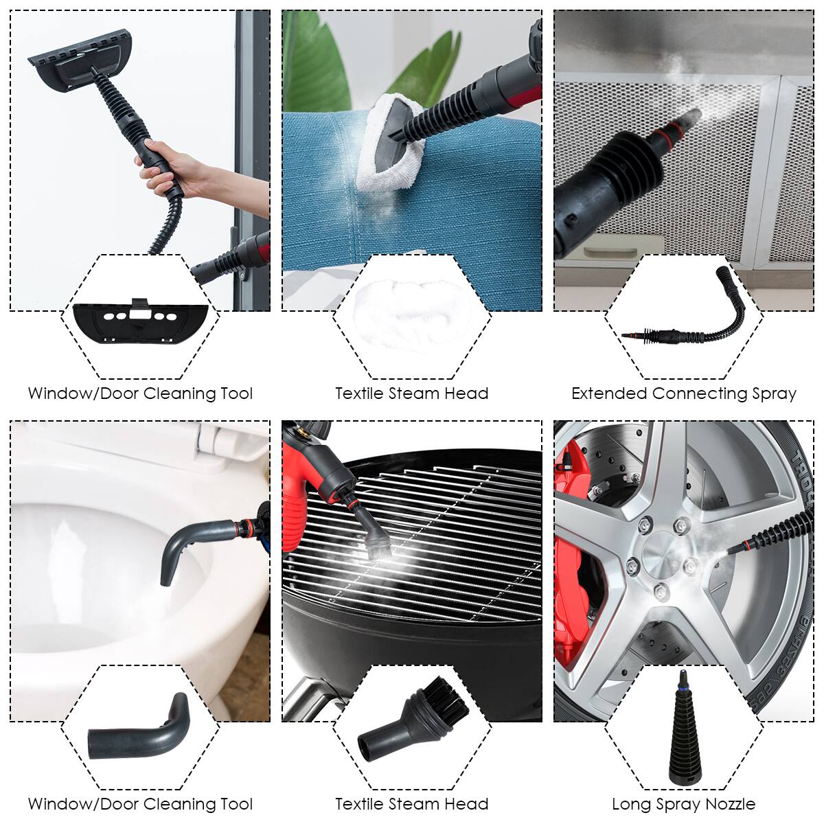 Window/Door Cleaning Tool  
Textile Steam Head  
Extended Connecting Spray  
Window/Door Cleaning Tool  
Textile Steam Head  
Long Spray Nozzle