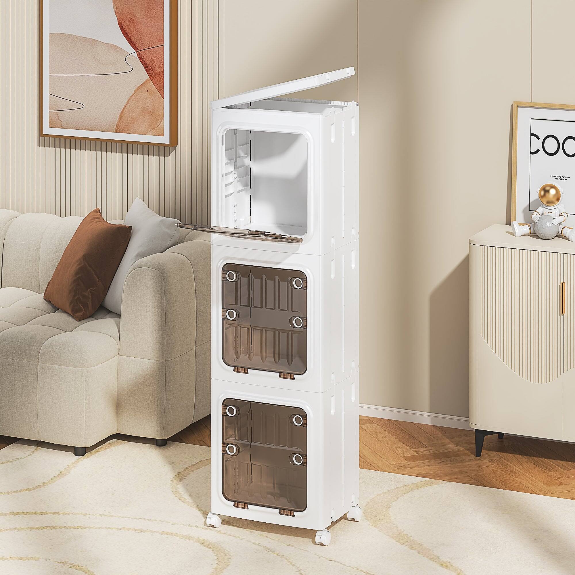 Back. Vecelo - 4-Tier Foldable Plastic Storage Cabinet with Transparent Doors and Wheels,Waterproof,Easy Snap-Together Assembly, White - 3-Tier.