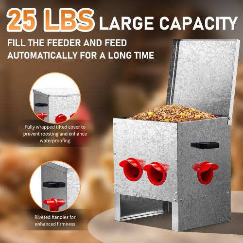 25 LBS LARGE CAPACITY  
FILL THE FEEDER AND FEED AUTOMATICALLY FOR A LONG TIME  

Fully wrapped tilted cover to prevent roosting and enhance waterproofing  

Riveted handles for enhanced firmness