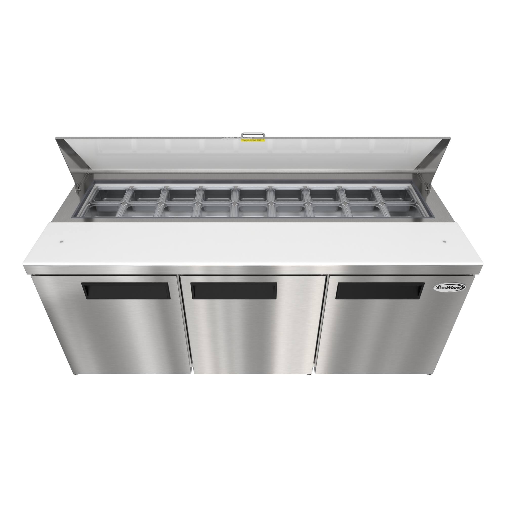 Alt View 3. Koolmore - 70 in. Commercial 3-Door Refrigerated Salad and Sandwich Prep Table, 18 Pan Capacity and 22 Cu. Ft. of Storage - Stainless steel.
