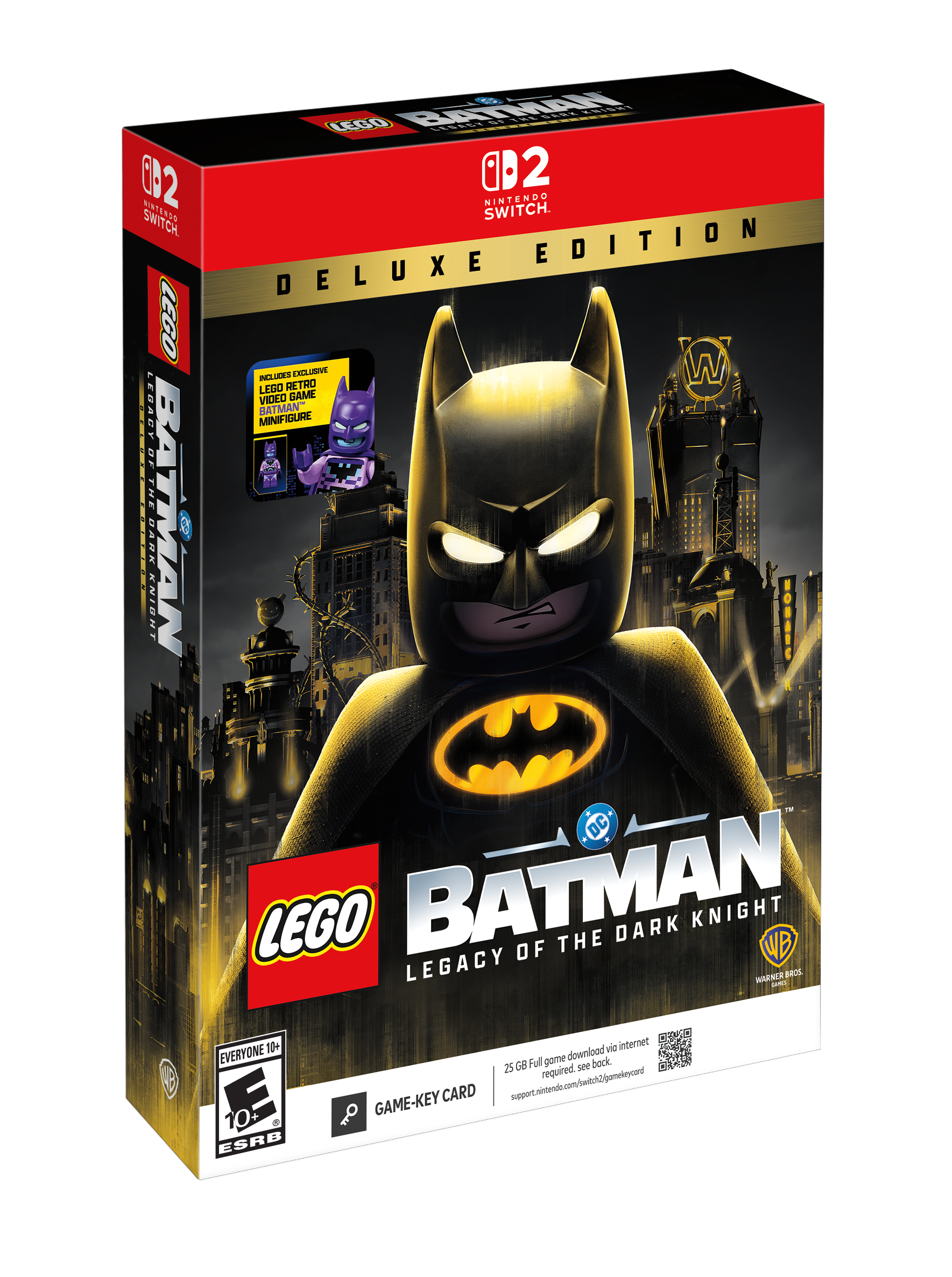 BATMAN --- .--. - -- LECO Gdrs G2 0D2 NINTENDO 1T SWITCH. SWITCH EDITION DELUXE LEGO INCLUDES EXCLUSIVE W LEDO RETRO VIDEO GAME LEGACY MINIFIGURE BATMAN" UE TRE BAT 28N KNIGHT BATMAN AN V HOBANC - DC LEGO BATMAN OF THE DARK KNIGHT WB LEGACY MAKNLR LAMEL be + vid internet EVERYONE gome downlood 25 GB Ful see bock required  GAME-KEY CARD support.nintendo.com/hwitc/gemeleycard 10+  ESRB