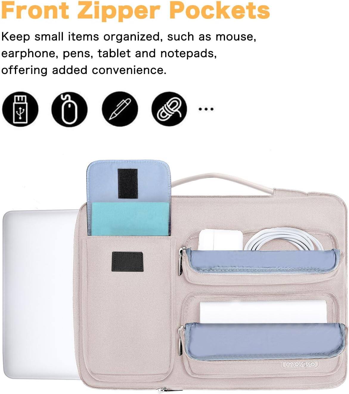 Front Zipper Pockets

Keep small items organized, such as mouse, earphone, pens, tablet and notepads, offering added convenience.