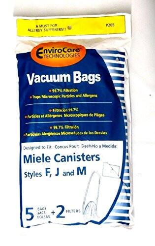 A MUST FOR ALLERGY SUFFERERS!!  
P205  
EnviroCare TECHNOLOGIES Vacuum Bags  
99.7% Filtration Traps Microscopic Particles and Allergens  
Filtracion 99.7% Particles et Allergenes Microscopiques de Pigeons  
99.7% Filtration Particulas Alergenicos Microscjicos de los Desvios  

to Fit:  
Concus Pour:  
Diseñado a Medida:  
Designed Miele Canisters  
Styles F, J and M  

BAGS + 2 FILTERS  
5 BOLSAS