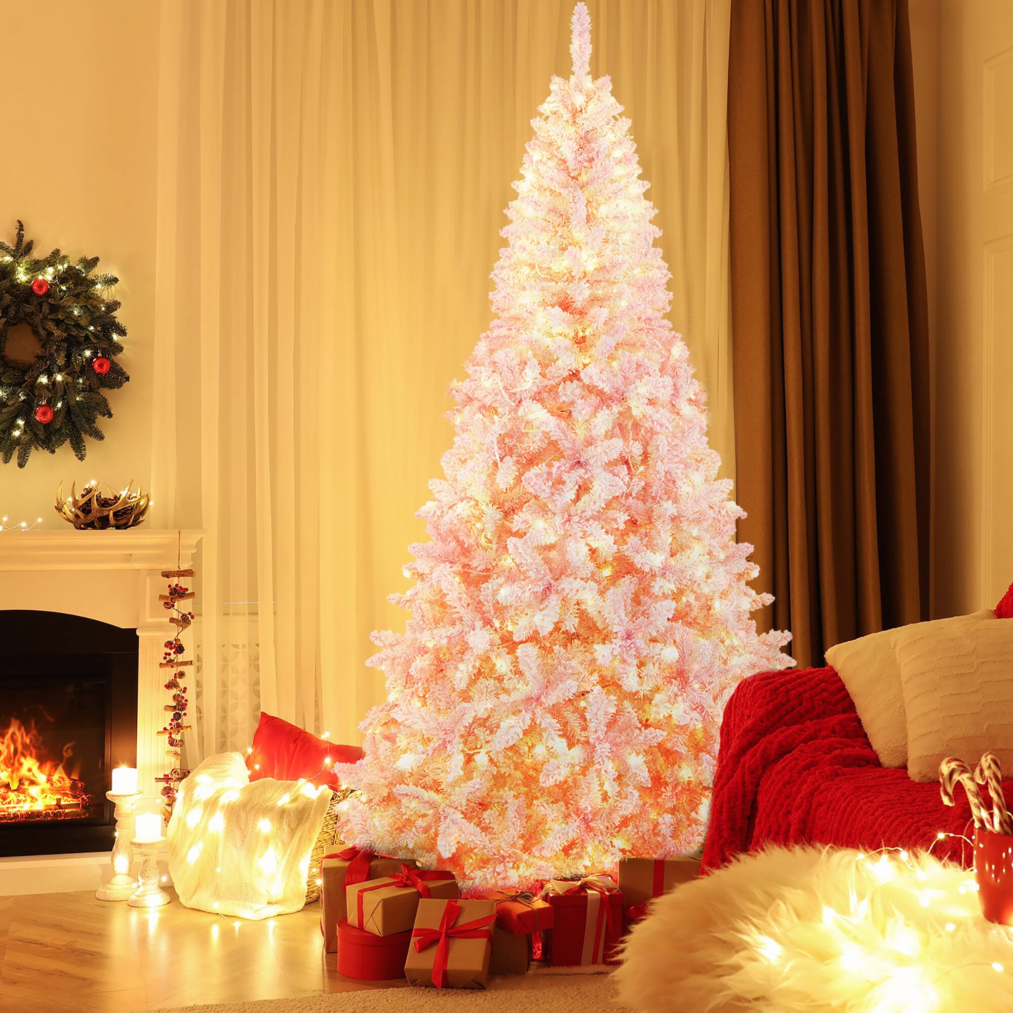 Alt View 11. Costway - 7.5FT Pre-Lit Snow Flocked Christmas Tree 1100 Tips with 450 Lights & 8 Modes - Pink.