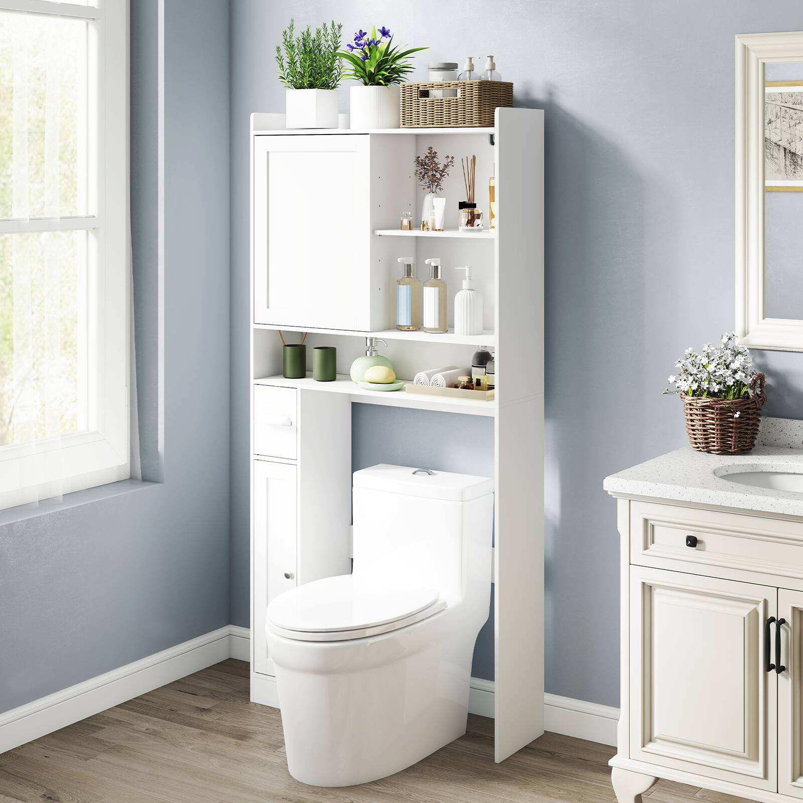 Alt View 3. Gymax - Gymax Over the Toilet Cabinet Space-saving Bathroom Storage Organizer w/ Sliding Door - White.