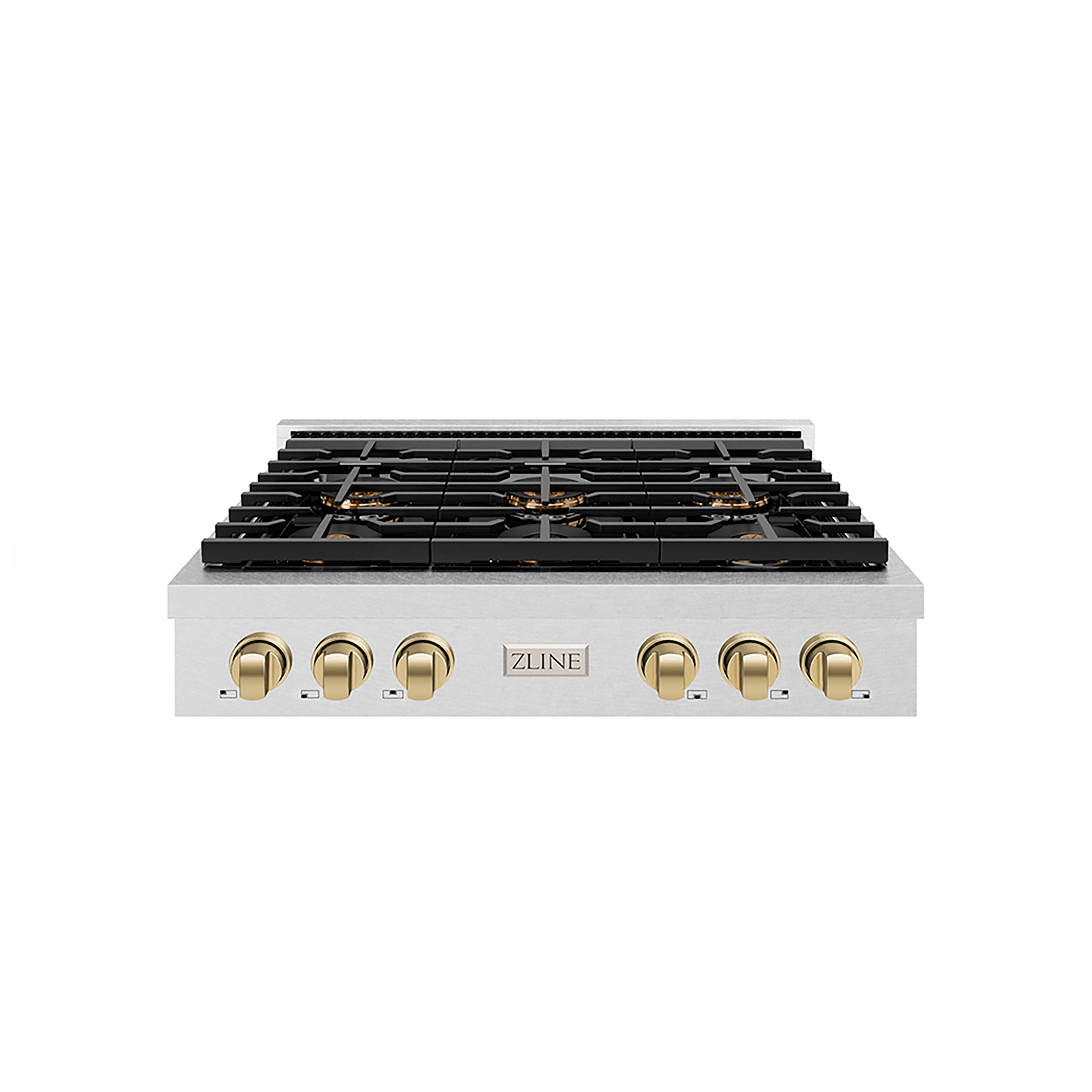 Front. ZLINE - ZLINE Autograph 36 in. Satin Steel Paramount Rangetop with 6 DuoPro Burners and Bronze Accents (PSRTSZ-36-CB) - Satin Stainless Steel.