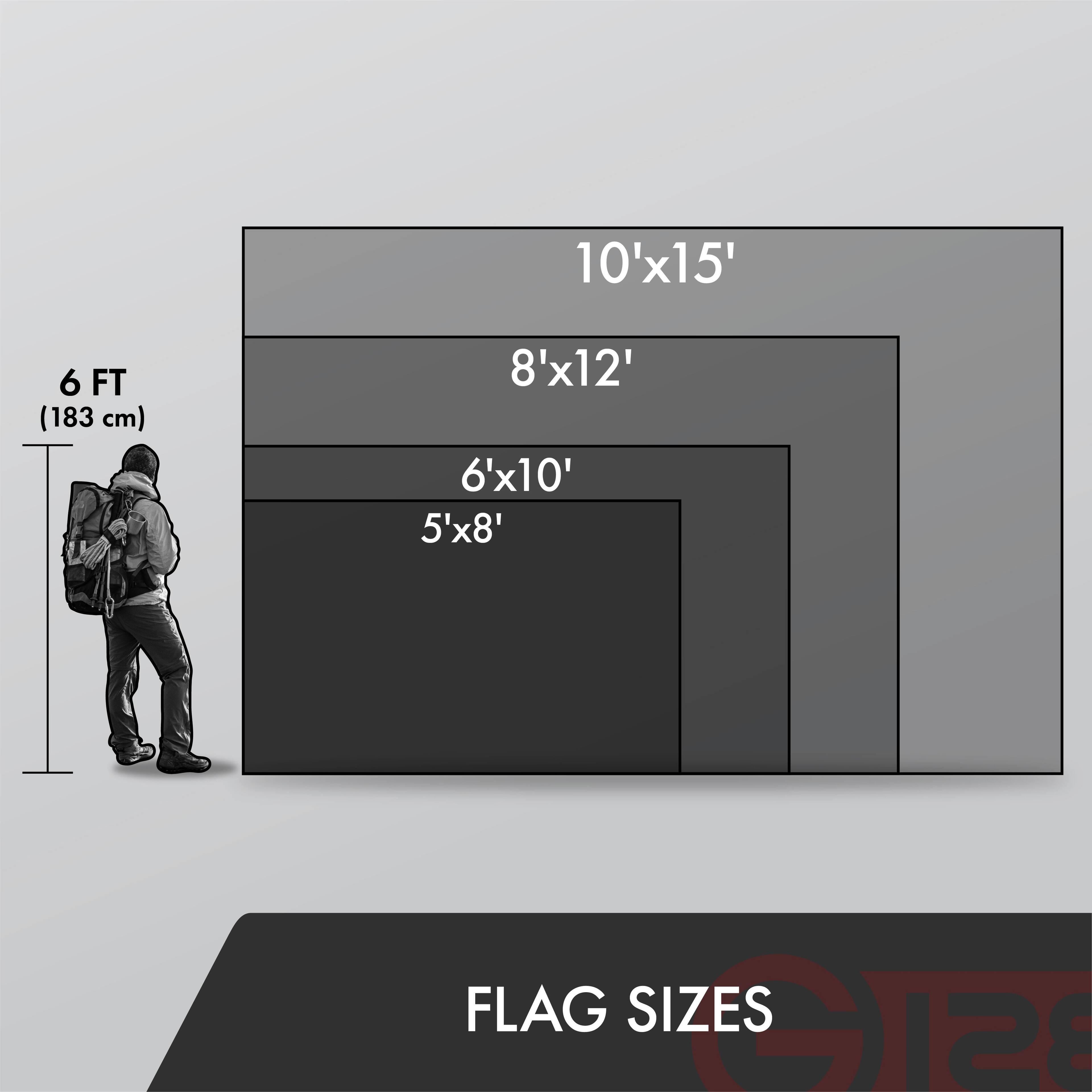10'x15'  
8'x12'  
6'x10'  
5'x8'  

FLAG SIZES  

6 FT (183 cm)