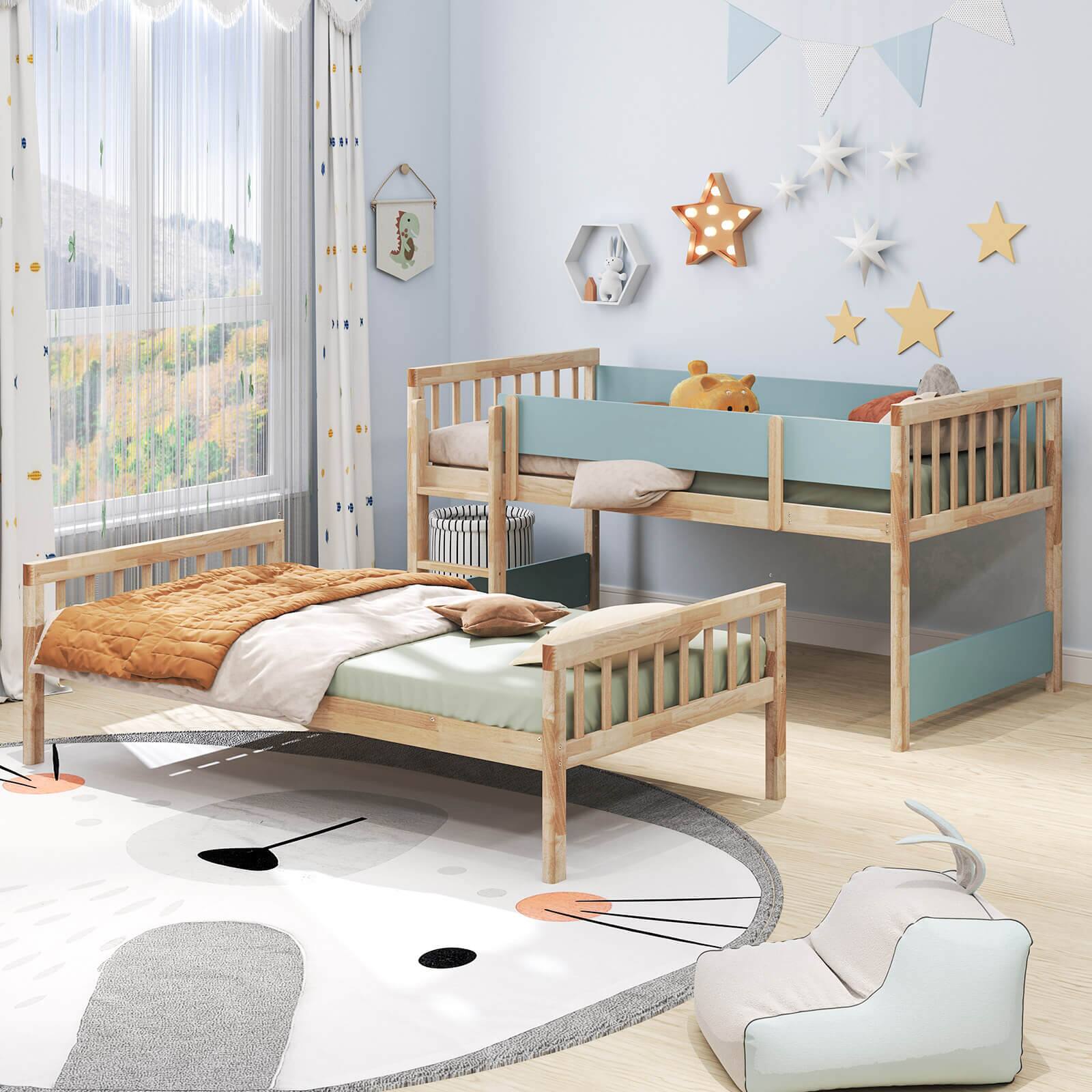 Alt View 1. Costway - Twin Over Twin Bunk Bed Solid Wood Bed Frame with Ladder Full-length Guardrails - Natural.