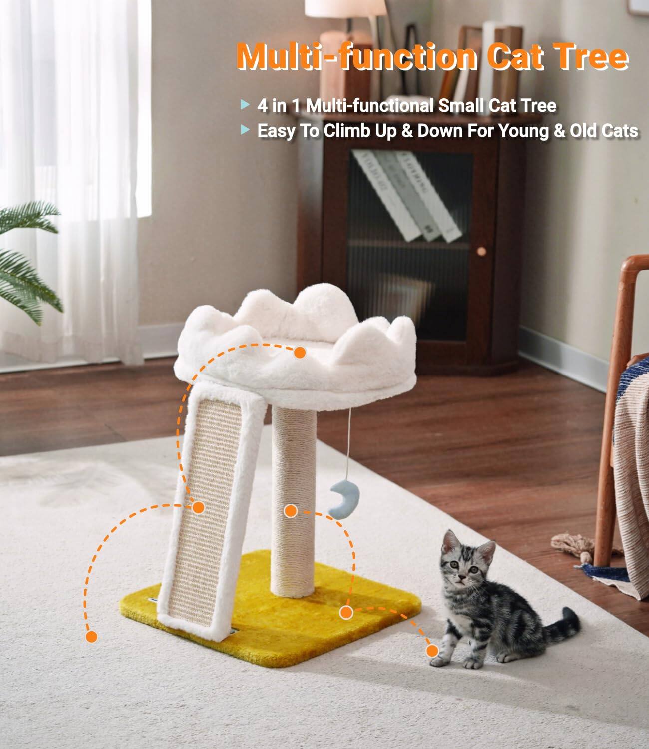 Multi-function Cat Tree

- 4 in 1 Multi-functional Small Cat Tree
- Easy To Climb Up & Down For Young & Old Cats