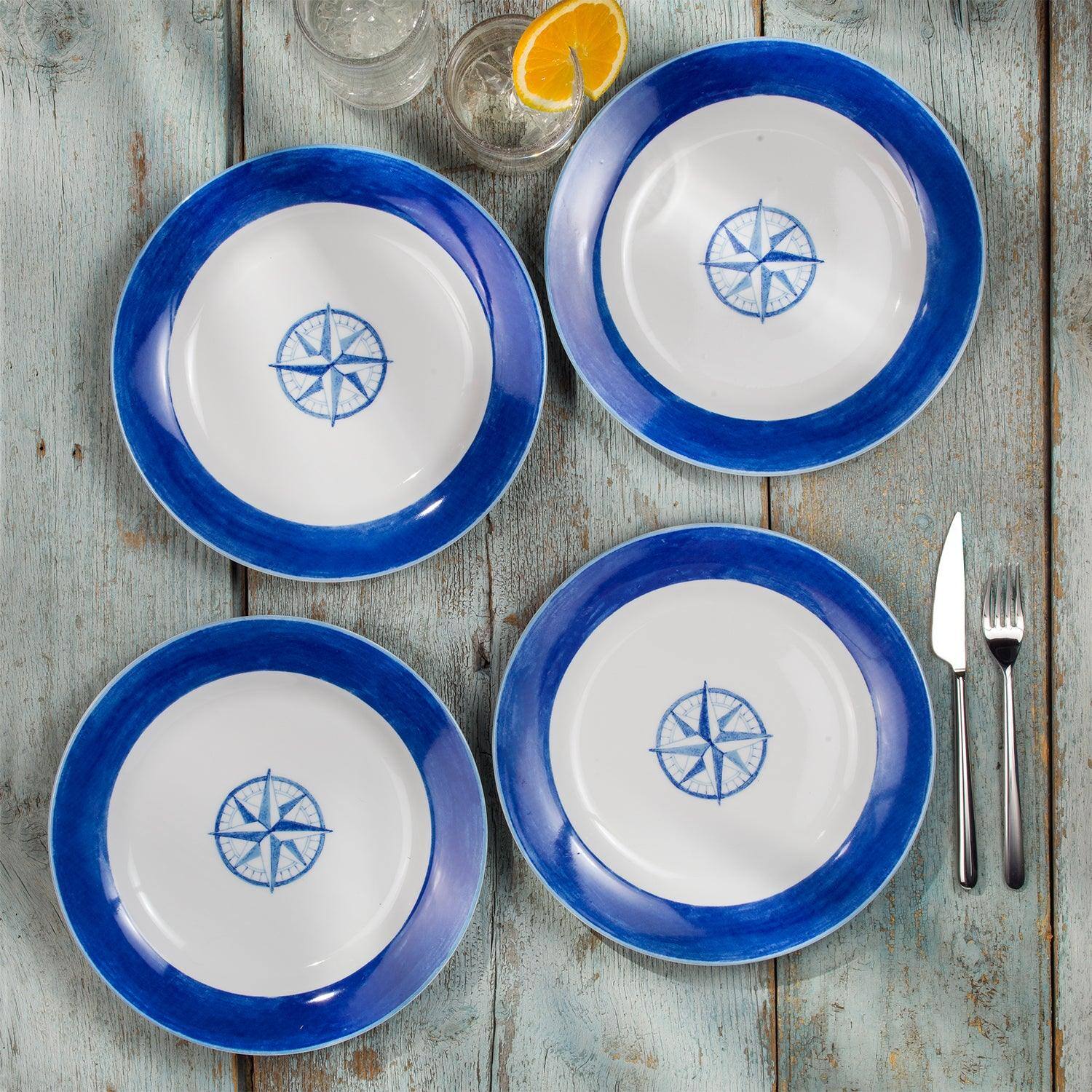 Angle. Euro Ceramica Home - Ahoy 4 Piece Assorted Dinner Plate Set - Blue / White.
