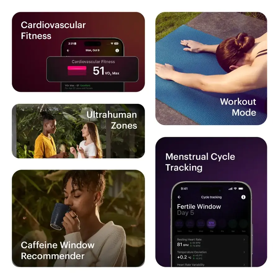 Group:

1. Cardiovascular Fitness
2. UltraHuman Zones
3. Workout Mode
4. Menstrual Cycle Tracking
5. Fertile Window
6. Caffeine Window Recommender
7. Resting Heart Rate
8. Temperature Deviation
9. Heart Rate Variability

Corrected text:

Cardiovascular Fitness:

* Mon, CNE  i Cardiovascular Fitness 51 vo2 Max VOI Mas 61 incetient o Age is yars and Tamalo Ultrahuman Zones Workout Mode Menstrual Cycle Tracking 9:41 cl f Cycle tracking i Fertile Window Day 5 ona  70 -  - 9/10 i - T - 1he .. sat - Caffeine Window Recommender Resting Heart Rate 8 une 81 KPM 7 an Temperature Deviation +0.3C +0.2 C -0.3C Heart Rate Variability 1 1 1