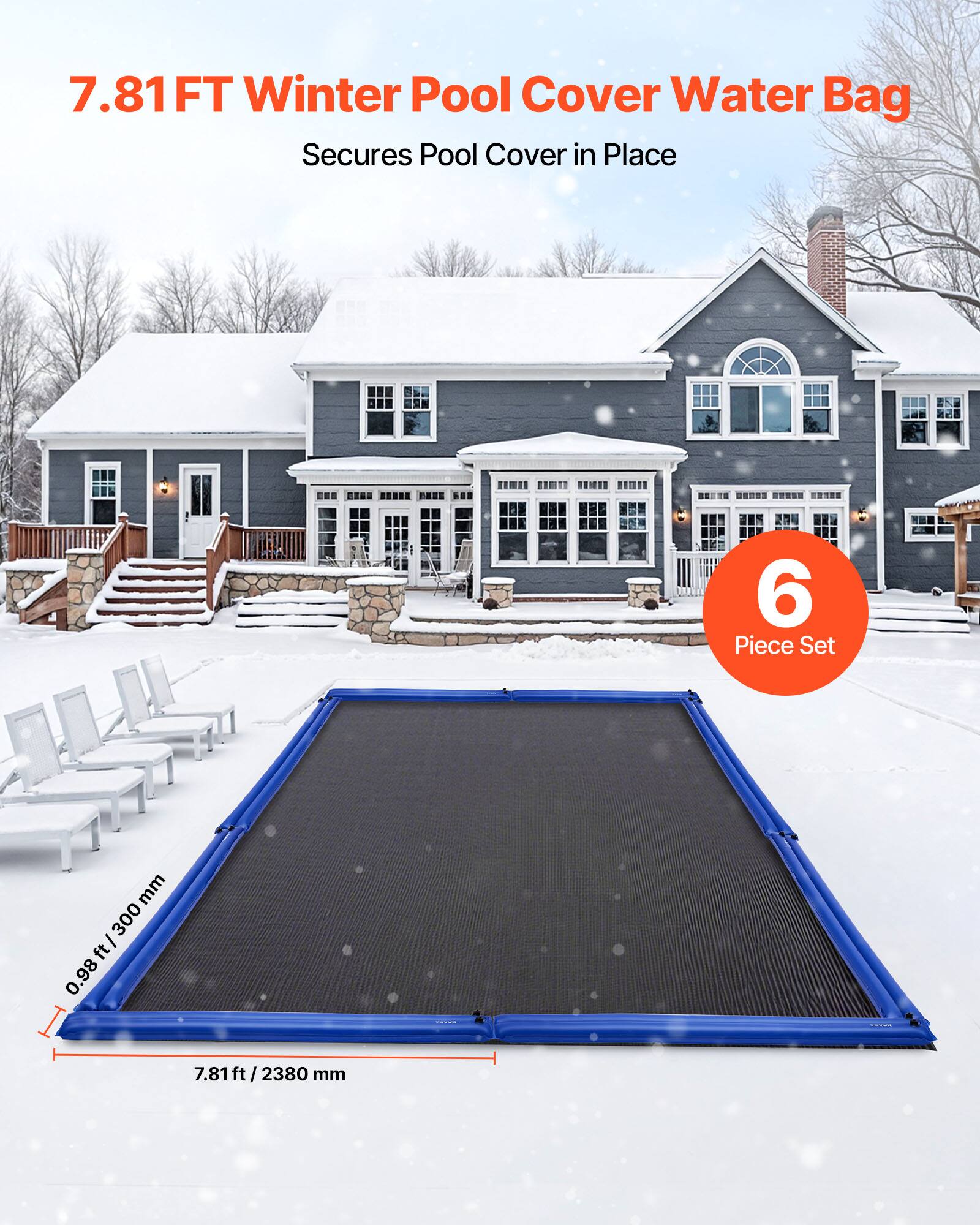 7.81 FT Winter Pool Cover Water Bag  
Secures Pool Cover in Place  

6 Piece Set  

0.98 ft / 300 mm  
7.81 ft / 2380 mm