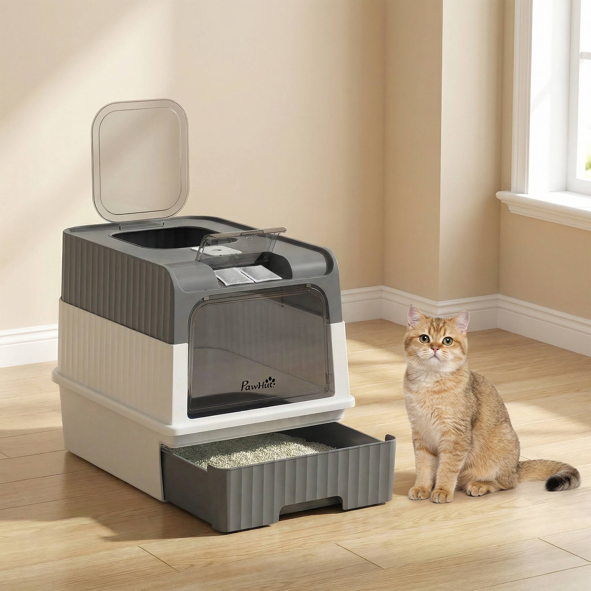 Alt View 7. Pawhut - Litter Box Hooded Cat Litter Tray with Drawer Pan Front Entry & Top Exit Easy Cleaning - Gray.