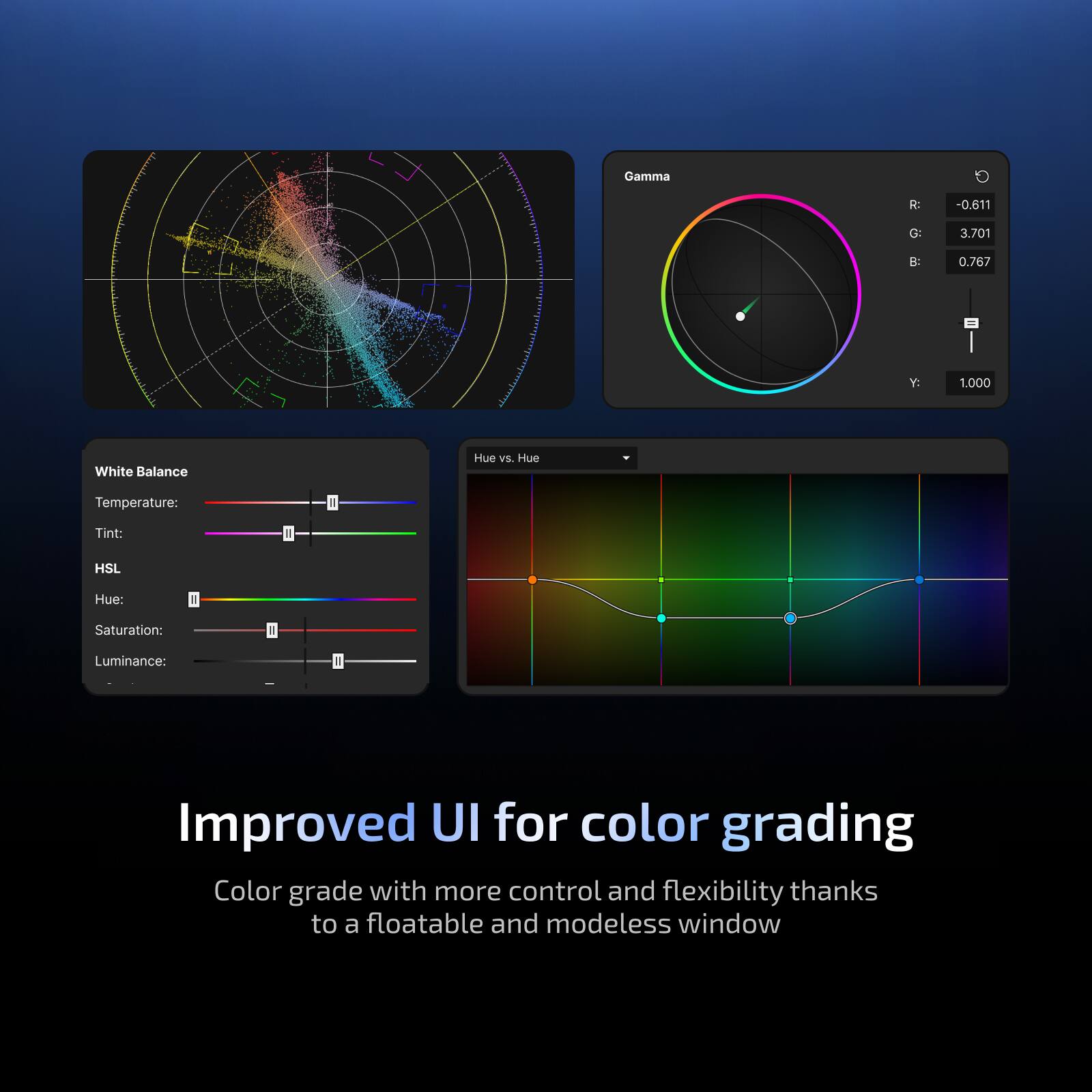 Gamma
R: -0.611
G: 3.701
B: 0.767
Y: 1.000
White Balance
Temperature:
Tint:
HSL
Hue:
Saturation:
Luminance:
Hue vs. Hue
Improved UI for color grading
Color grade with more control and flexibility thanks to a floatable and modeless window