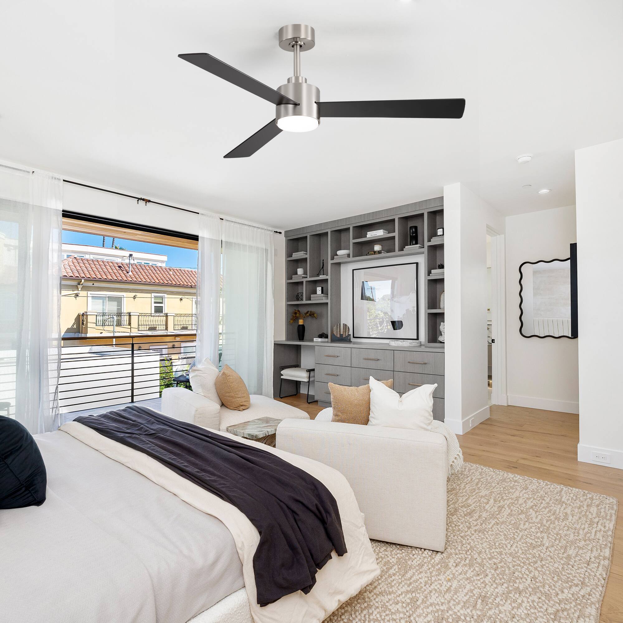 Alt View 2. Breezary - 52" Indoor Ceiling Fan, 3 Plywood Blades, 6-Speed DC Motor, Remote & Timer, 5" & 10" Downrods, LED Light/No Light Option - Satin Nickel and Black(With Light).