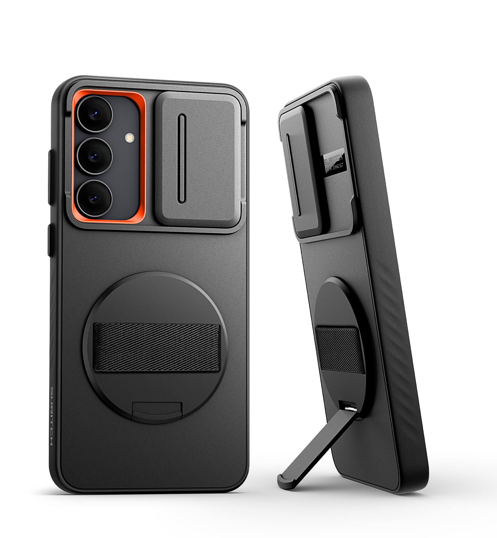 Angle. SURITCH - Case for Samsung Galaxy S25 FE with 360° Rotatable Hand Strap, Invisible Kickstand,Slide Camera Cover, Rugged Shockproof - Black.