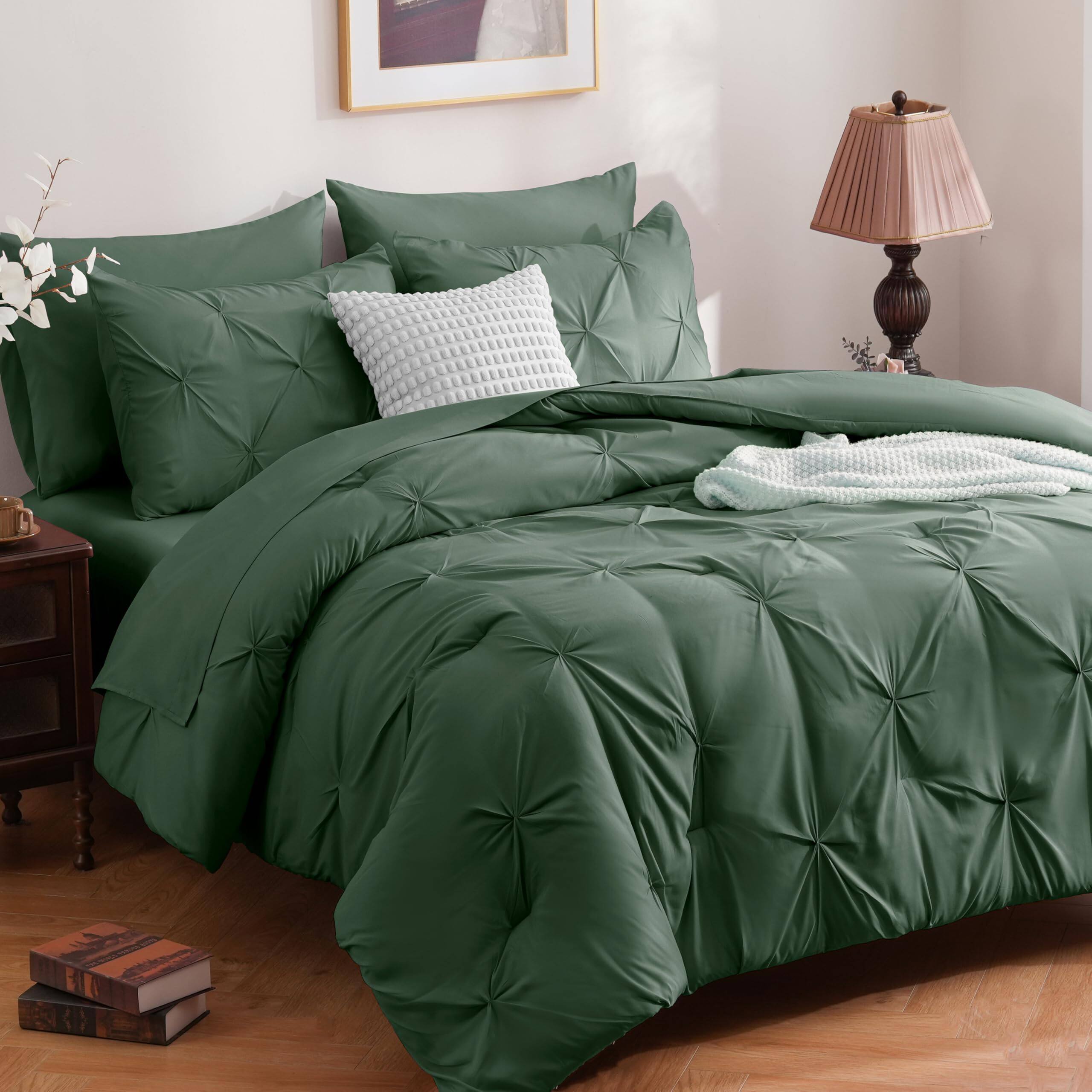 Front. Stylel Star - 7 Pieces Pink Full Size Comforter Sets For Women Pintuck Bed In A Bag Pinch Pleat Set Soft Microfiber All Season... - Dark Green-Full.