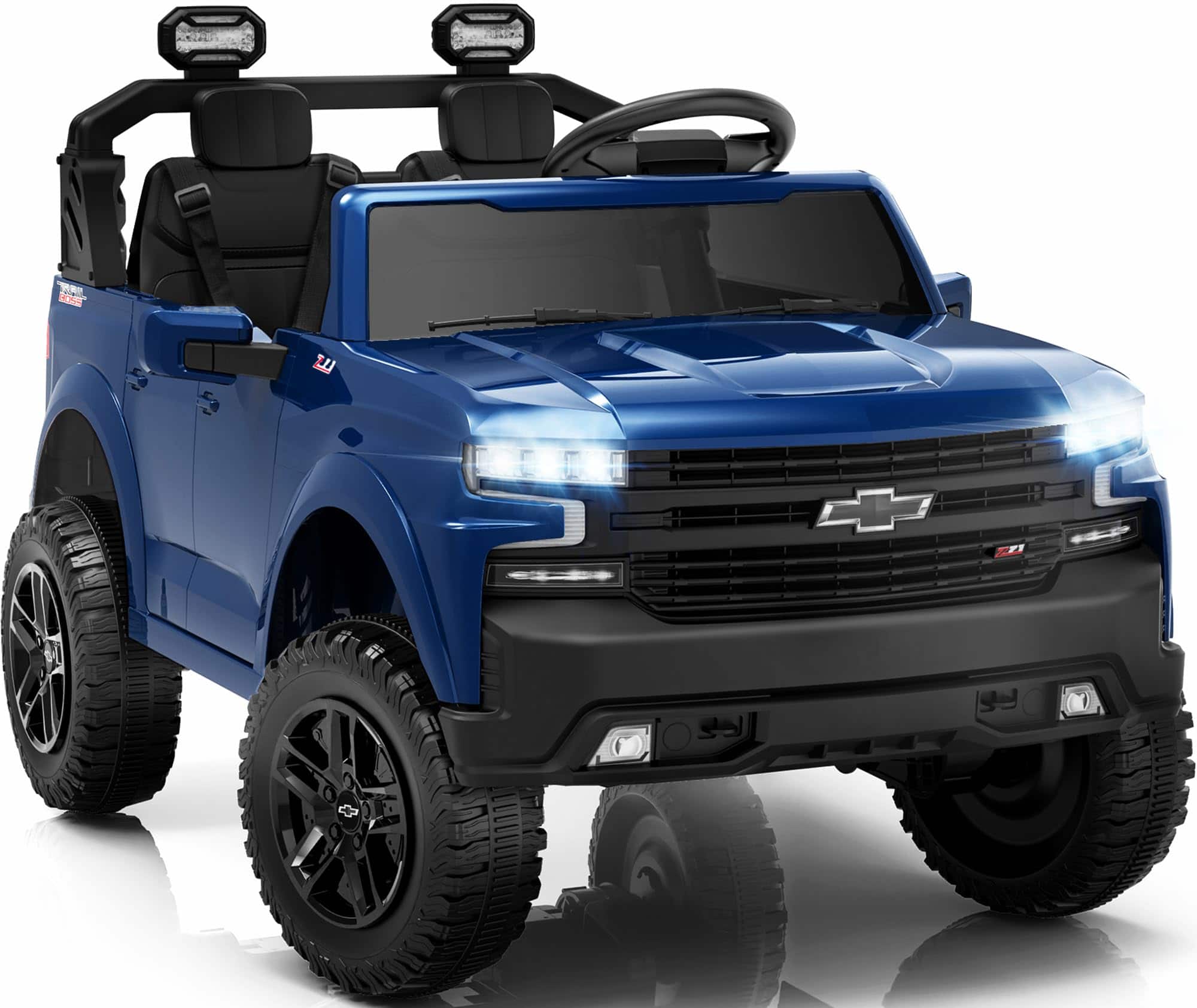 FIRST RIDE ON - 24V 2 Seater Ride on Car for Kids, Licensed Chevrolet Silverado Electric Car with Remote Control, Bluetooth, LED Lights - Blue