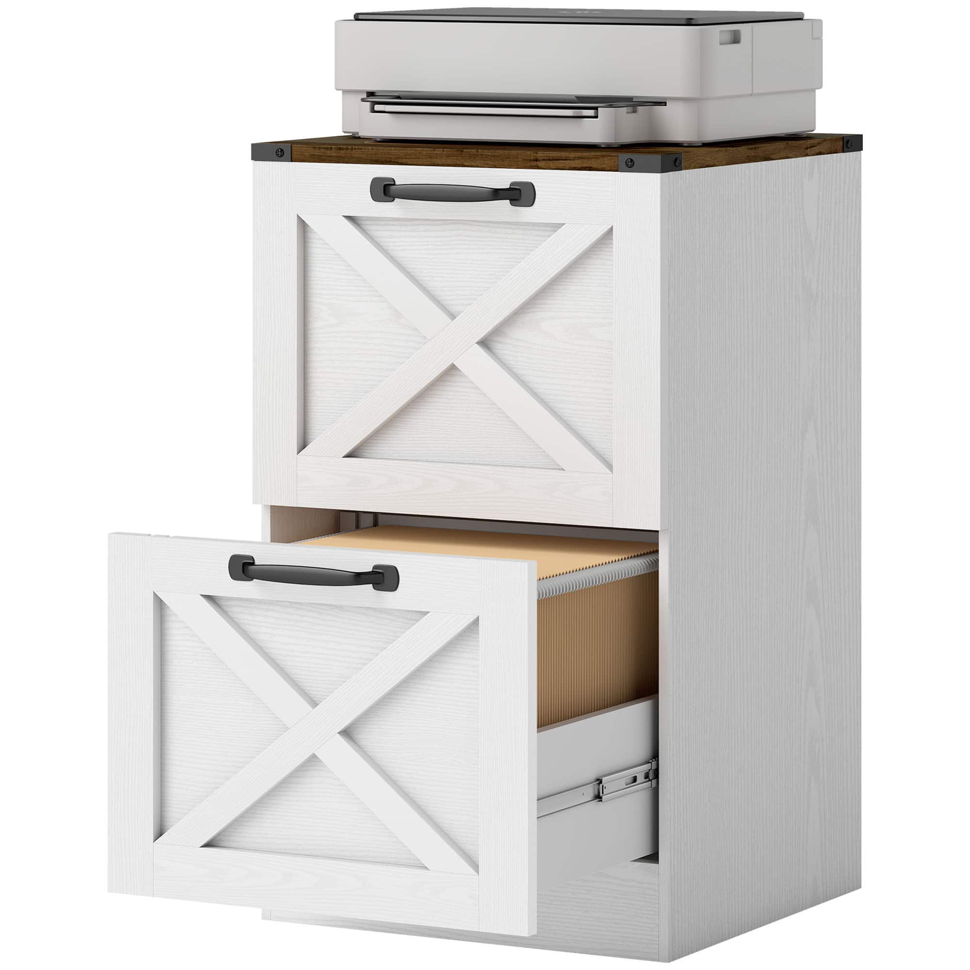Homcom - Storage Drawers Farmhouse X Pattern Printer Stand Fits Letter Files 2 Drawers - White
