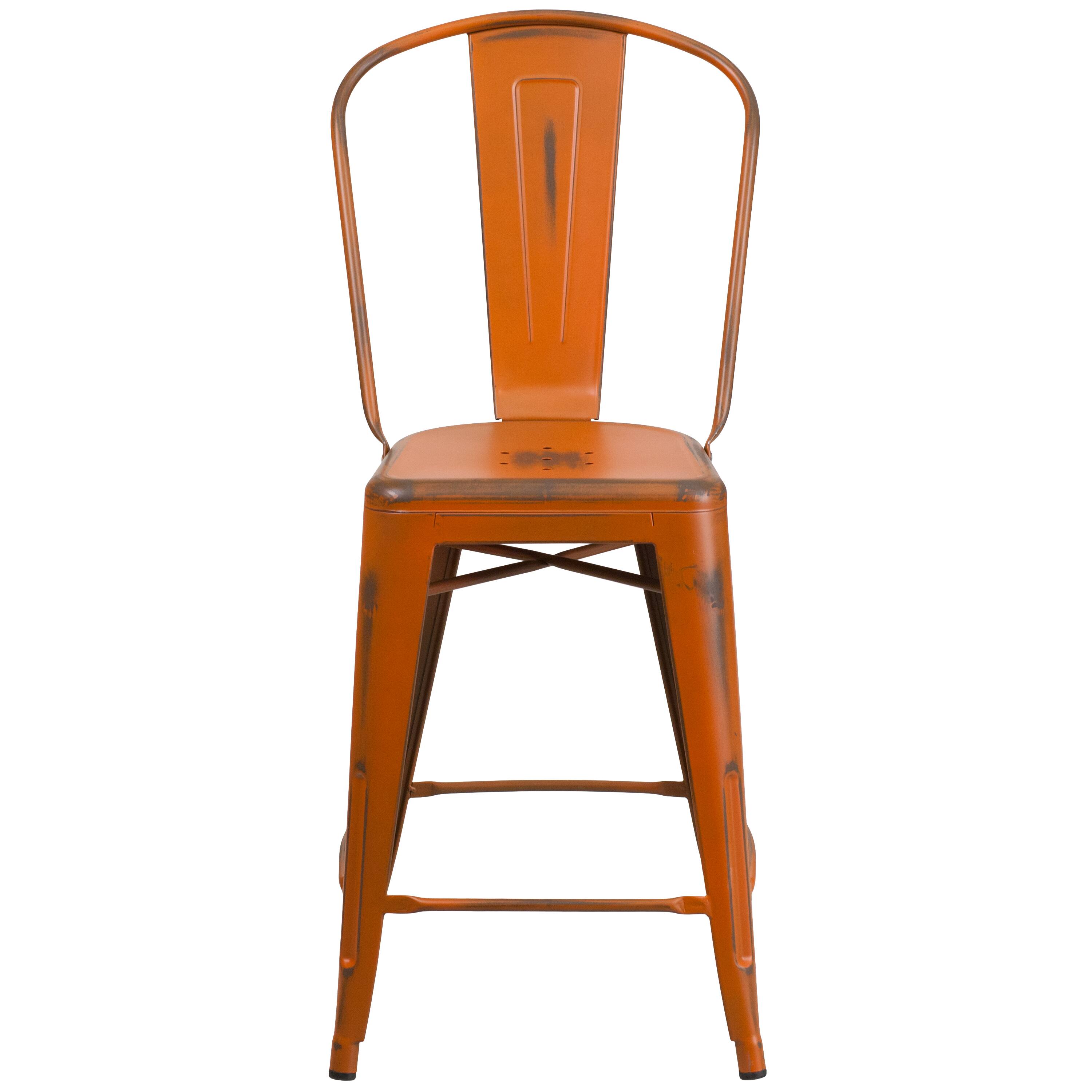 Alt View 7. Emma + Oliver - Commercial Grade 24"H Distressed Metal Indoor-Outdoor Counter Stool with Back - Orange.