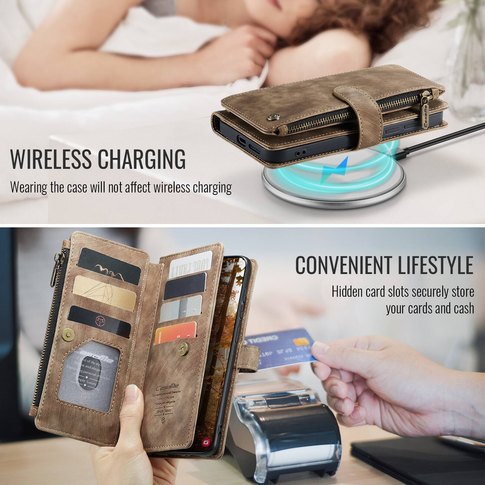 WIRELESS CHARGING  
Wearing the case will not affect wireless charging

PARTY 1000

CONVENIENT LIFESTYLE  
Hidden card slots securely store your cards and cash

Caselle Non  
CREDIT LOP 5678