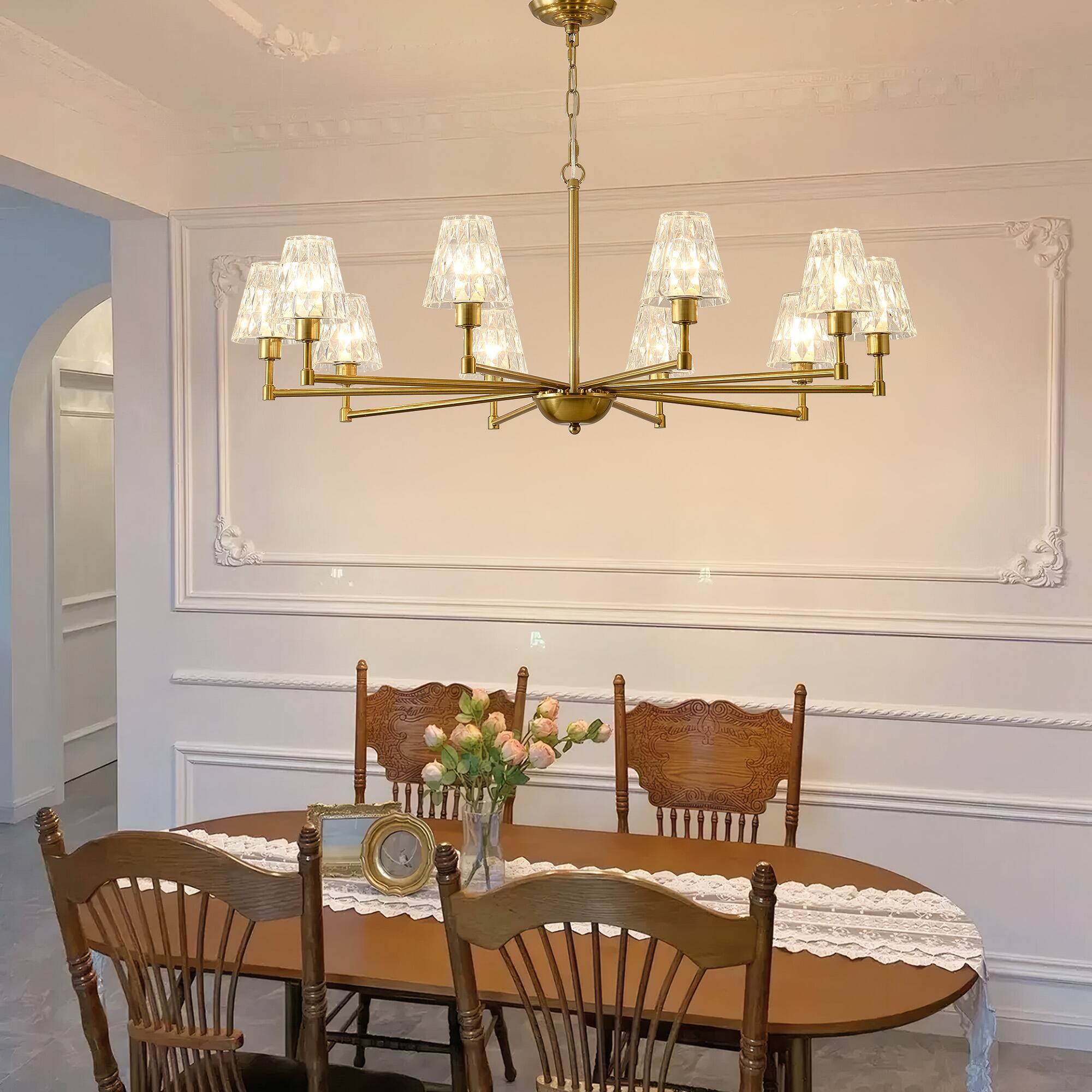 Left. RYHNUYNE - Mid-Century 10-Light Chandelier,Brushed Gold Pendant Chandelier,Modern Farmhouse Chandeliers for Dining Room Kitchen - Gold.