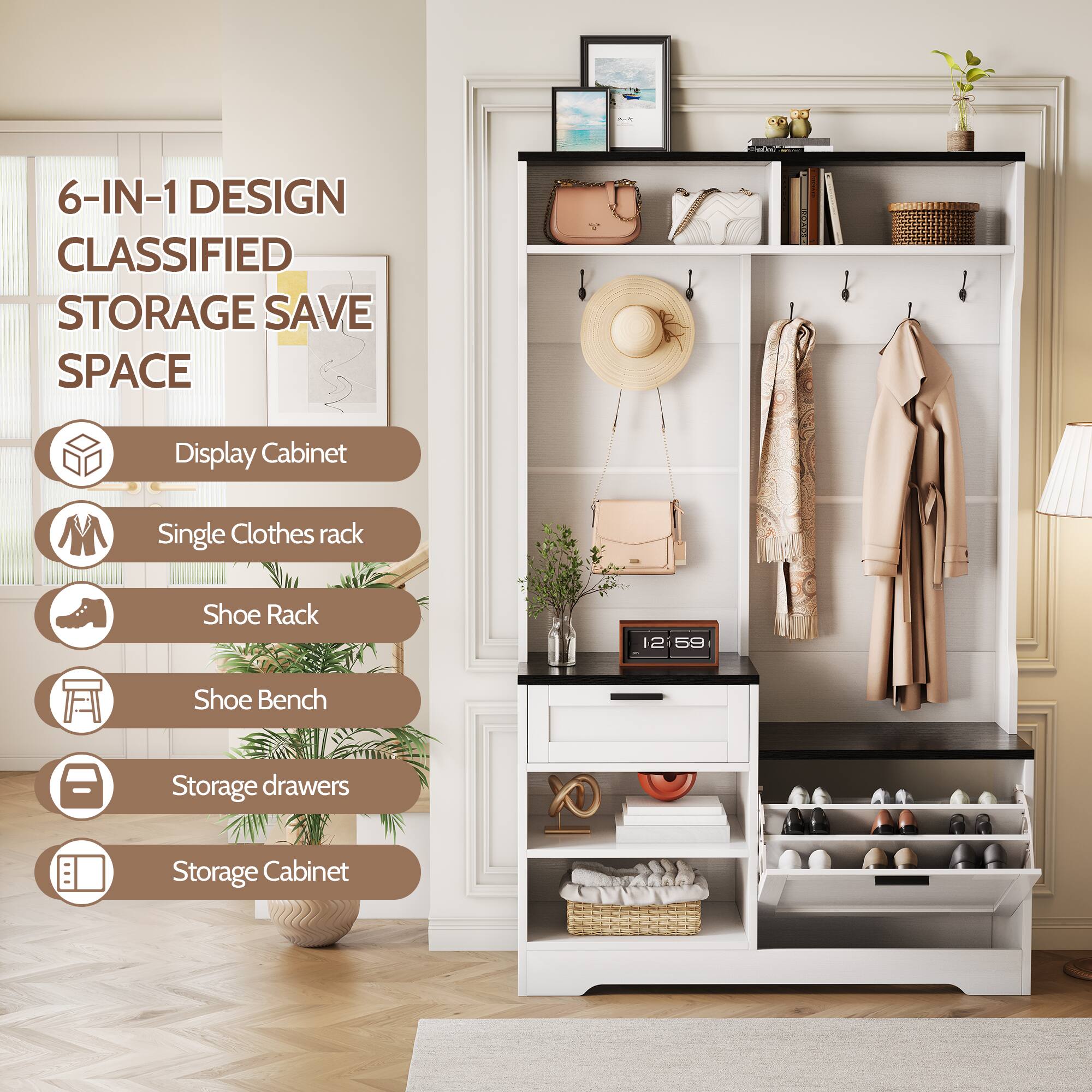 6-IN-1 DESIGN CLASSIFIED STORAGE SAVE SPACE

- Display Cabinet
- Single Clothes rack
- Shoe Rack
- Shoe Bench
- Storage drawers
- Storage Cabinet