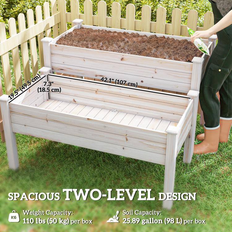 7.3" (18.5 cm)  
19.5" (49.5 cm)  
42.1" (107 cm)  

SPACIOUS TWO-LEVEL DESIGN  

Weight Capacity: 110 lbs (50 kg) per box  

Soil Capacity: 25.89 gallon (98 L) per box