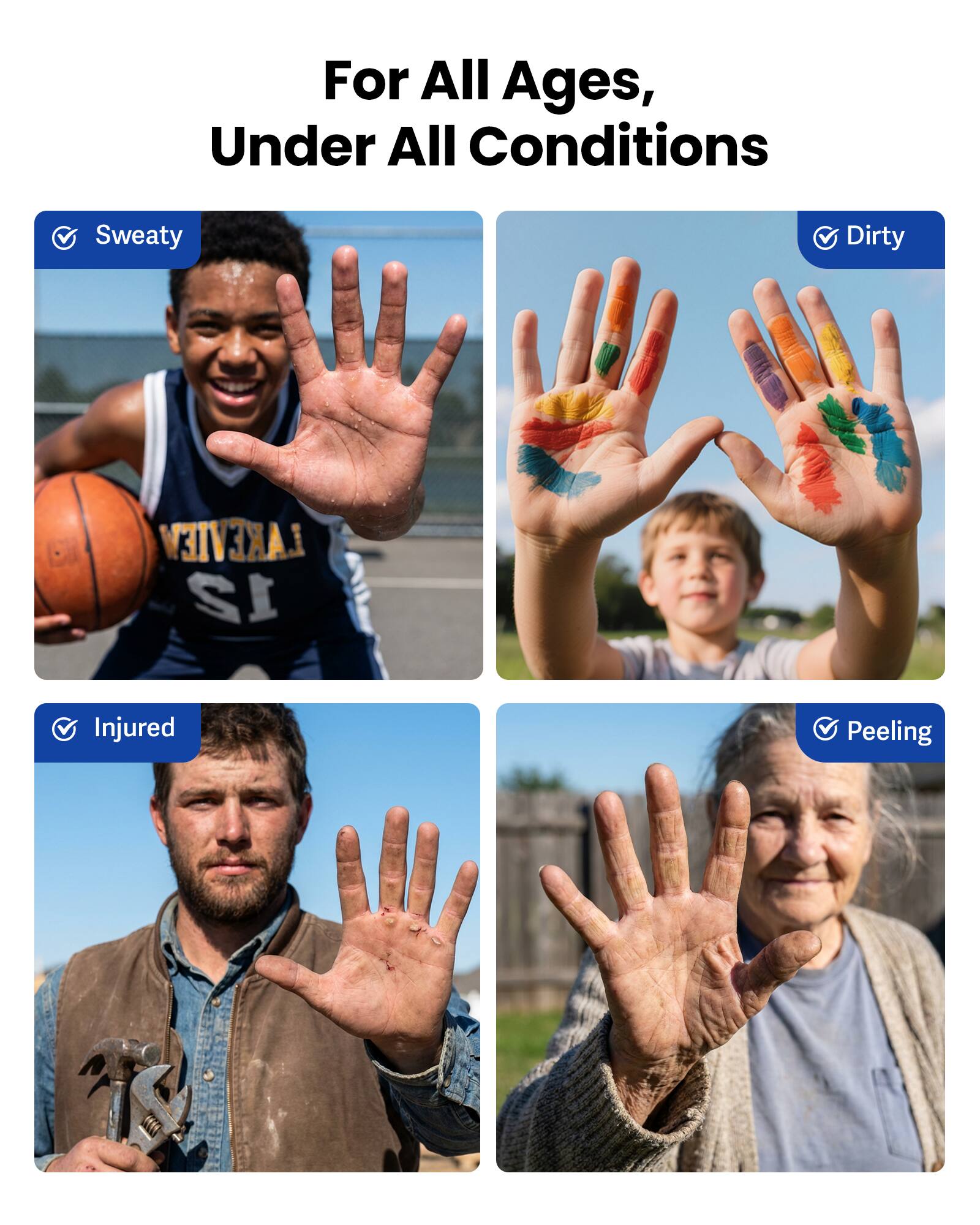 For All Ages, Under All Conditions

- Sweaty
- Dirty
- Injured
- Peeling