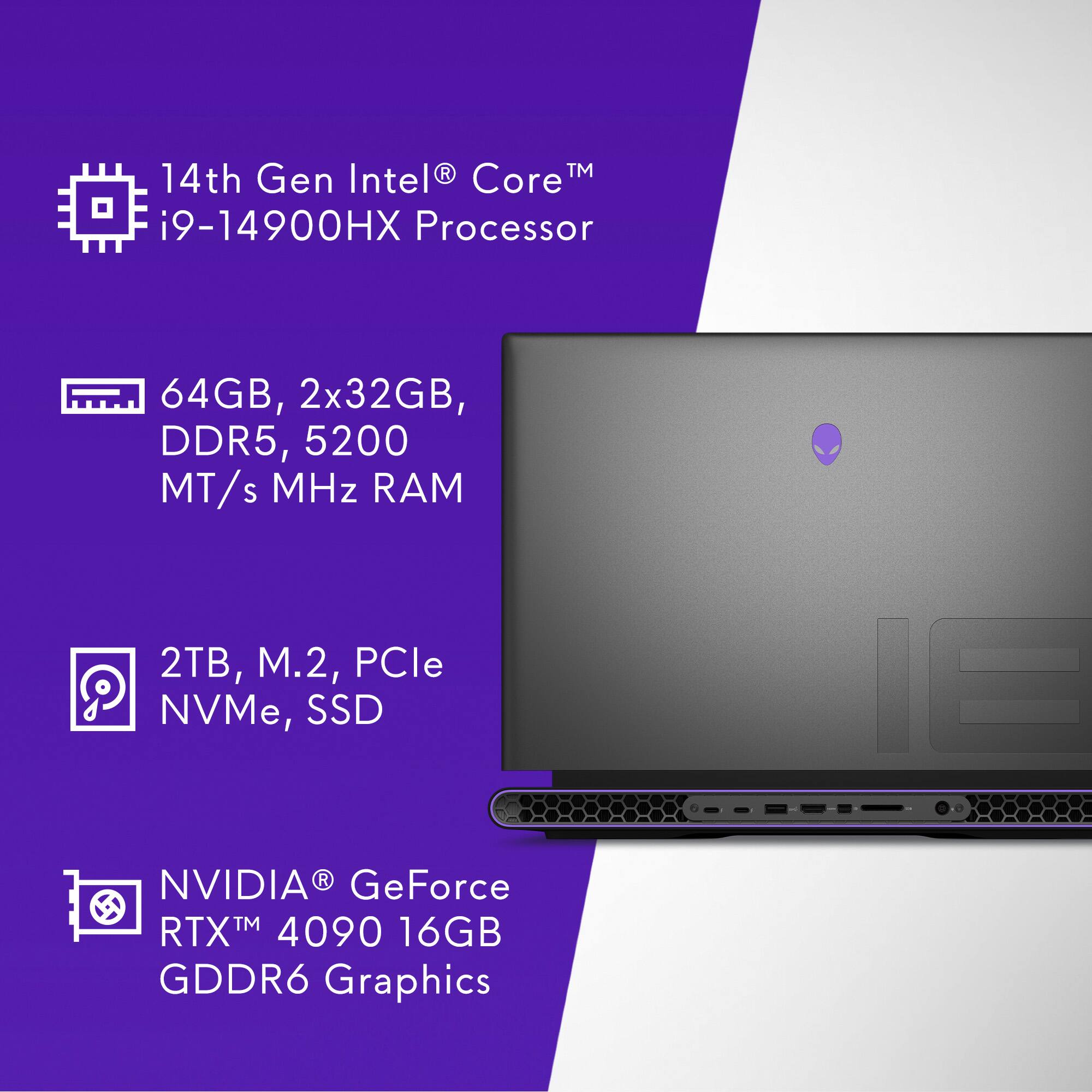 Gen Intel R 14th Core i9-14900HX Processor 64GB, 2x32GB, DDR5, 5200 MT/s MHz RAM 2TB, M.2, PCle NVMe, SSD E NVIDIA RTX 4090 16GB GDDR6 Graphics