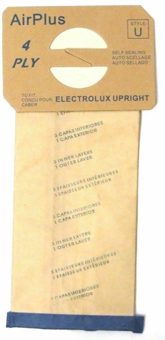 AirPlus  
STYLE U  
4 PLY  
SELF SEALING  
AUTO SCELLAGE  
AUTO SELLADO  

TO FIT:  
CONCU POUR:  
ELECTROLUX UPRIGHT CABER  

3 CAPAS INTERIORES  
1 CAPA EXTERIOR  

3 INNER LAYERS  
1 OUTER LAYER  

3 ÉPAISSEURS INTÉRIEURES  
1 ÉPAISSEUR EXTERIEUR  

3 CAPAS INTERIORES  
1 CAPA EXTERIOR  

3 INNER LAYERS  
1 OUTER LAYER  

3 ÉPAISSEURS INTÉRIEURES  
1 ÉPAISSEUR EXTERIEUR  

3 CAPAS INTERIORES  
1 CAPA EXTERIOR